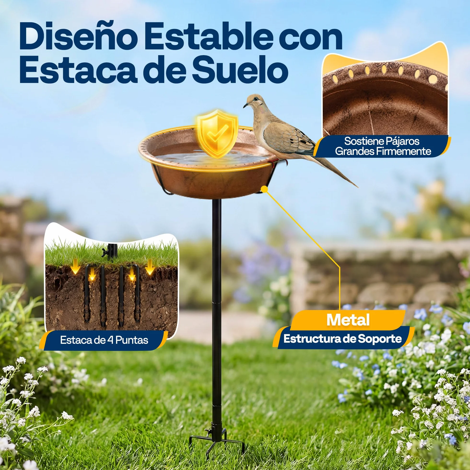 VIVOHOME Baño para Pájaros Exterior, Cuenco Desmontable con Base 4 Puntas, Baño y Comedero para Jardín y Césped (Bronce)