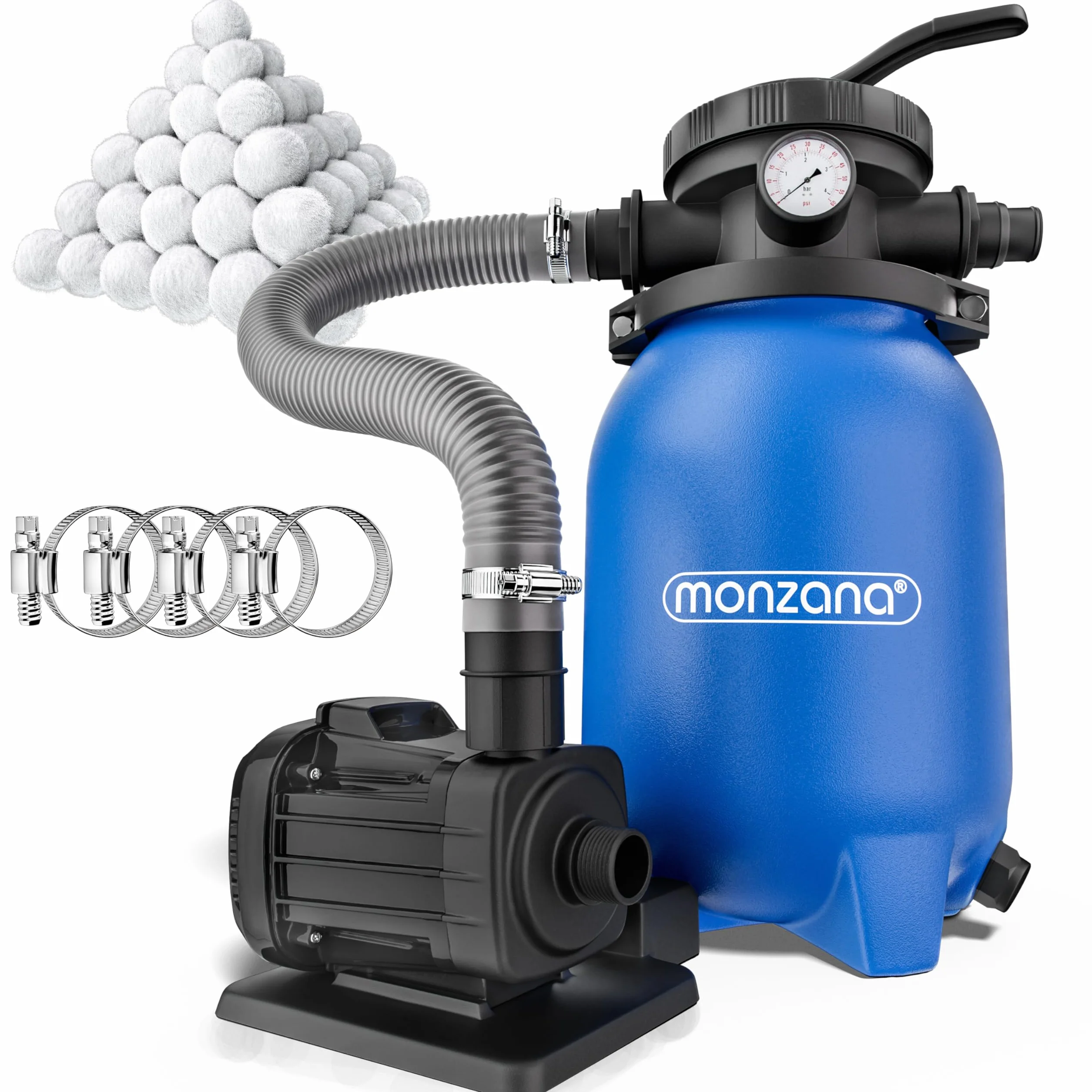 MONZANA® Depuradora Piscina 5000 L/h Filtro de Arena hasta 15.000 L con Bolas de Filtro Válvula 7 Funciones Filtrado Adaptador Ø32-38mm 180W Bomba Indicador de Presión