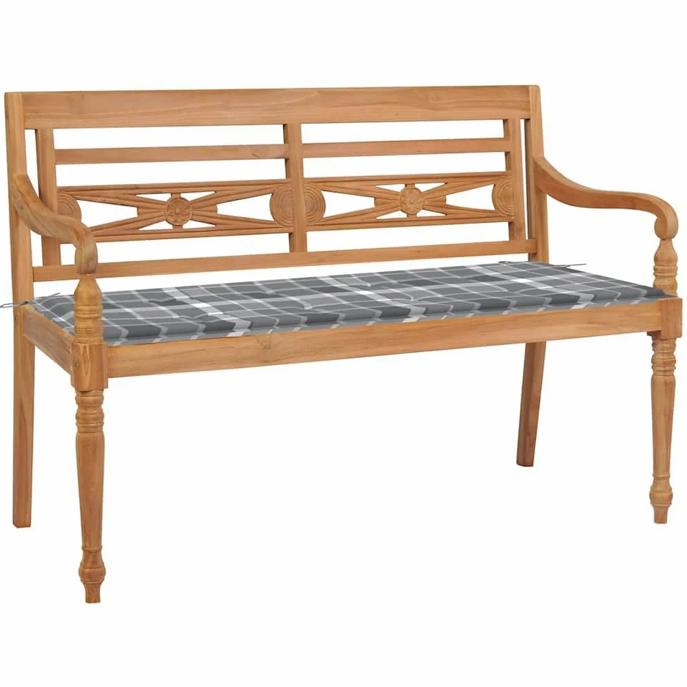 Batavia Banco de jardín de 120 cm, banco de madera maciza de teca con cojín de cuadros grises, resistente a la intemperie y duradero