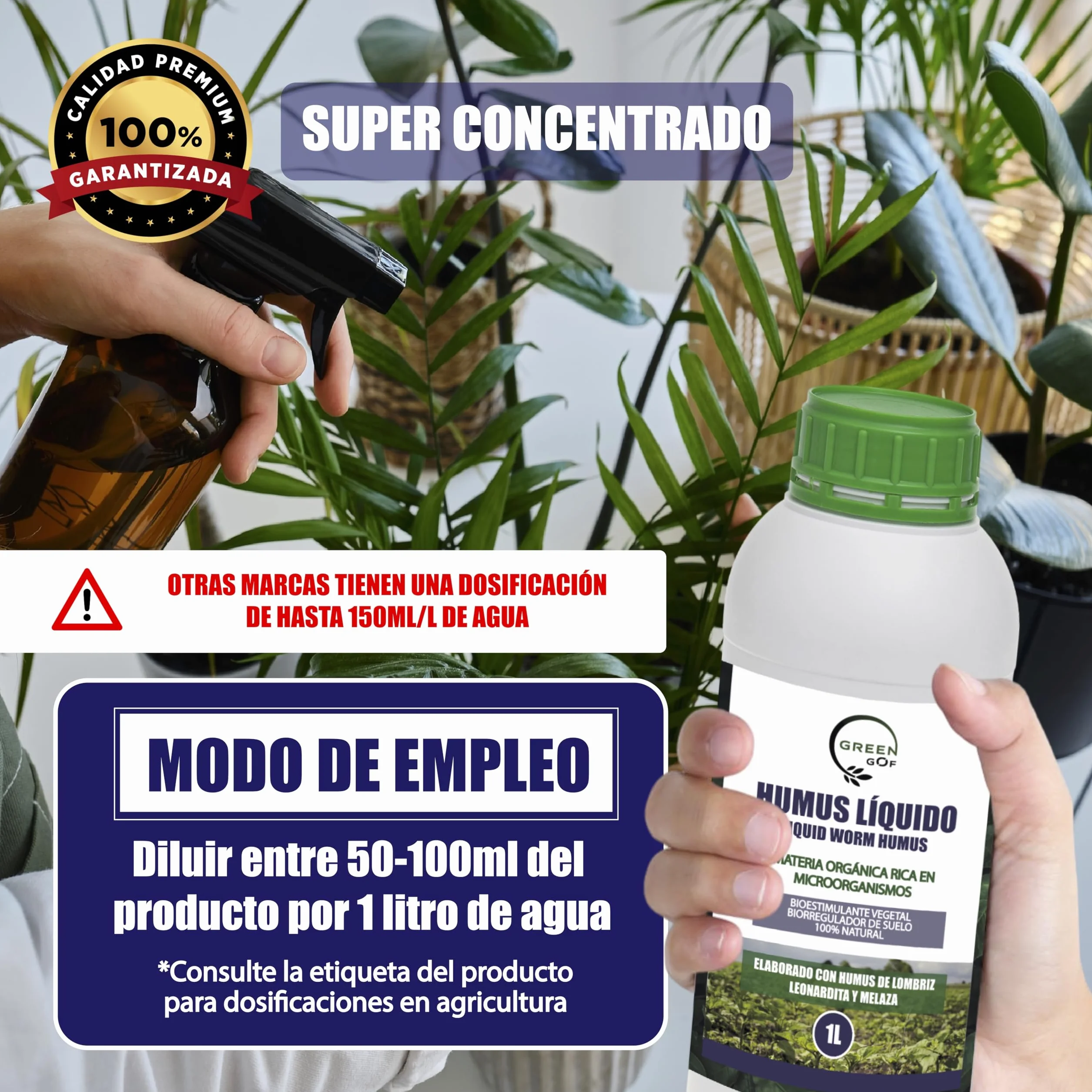 GREENGOF Humus Líquido de Lombriz Premium 1L. Enriquecido con Leonardita y Melaza. Fertilizante Rico en Microorganismos. Acelera el crecimiento de las Plantas. Aumenta el tamaño y cantidad de Frutos.
