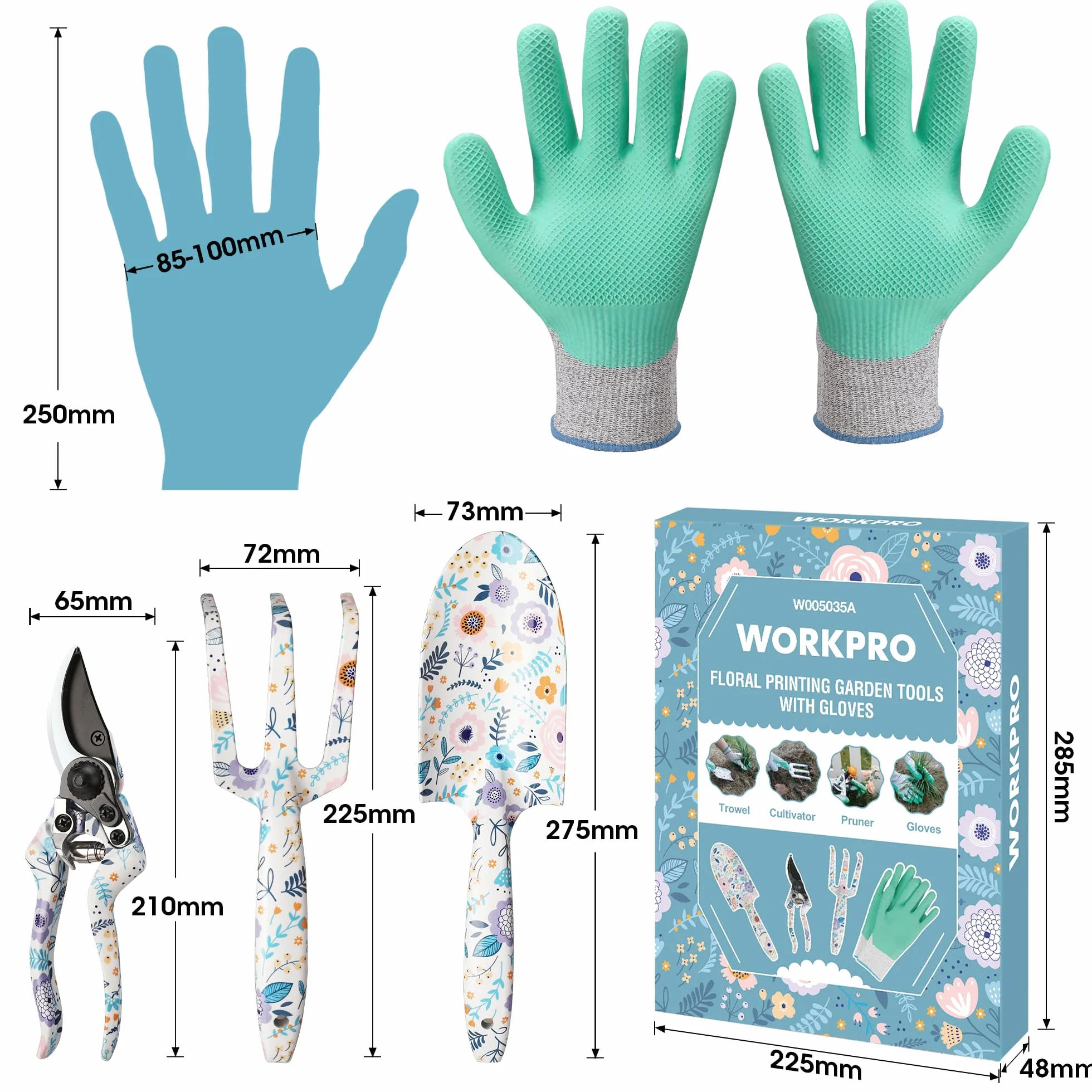 WORKPRO Herramientas Jardineria 4PC, Juego de Herramientas para Jardín con Rastrillo, Pala de Mano, Tijeras de Podar, Guantes, Estampado Floral