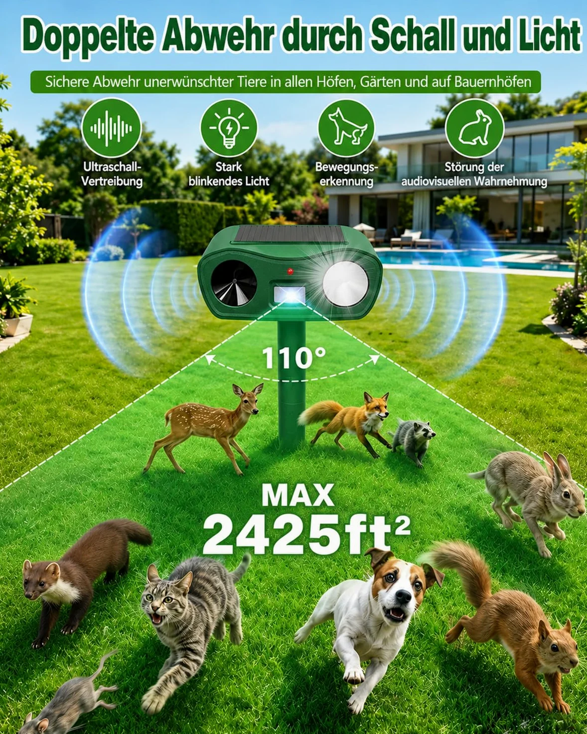 Ahuyentador de gatos ultrasónico solar y relámpago, repelente de topos IPX4, resistente al agua, para jardín, eficaz contra gatos, ratones, perros, pájaros y plagas