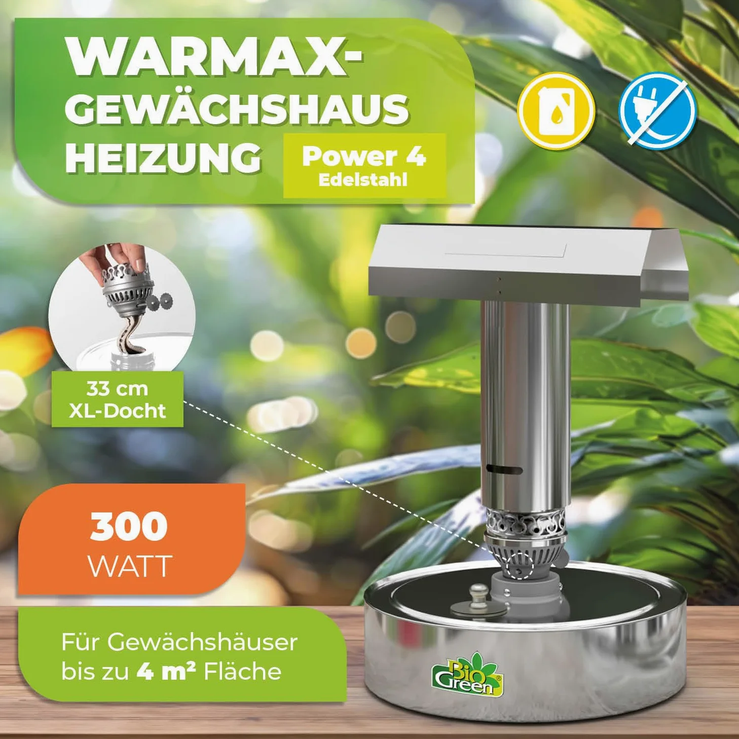 Bio Green Calefacción para invernadero Warmax Power 4" de acero inoxidable - 300 W