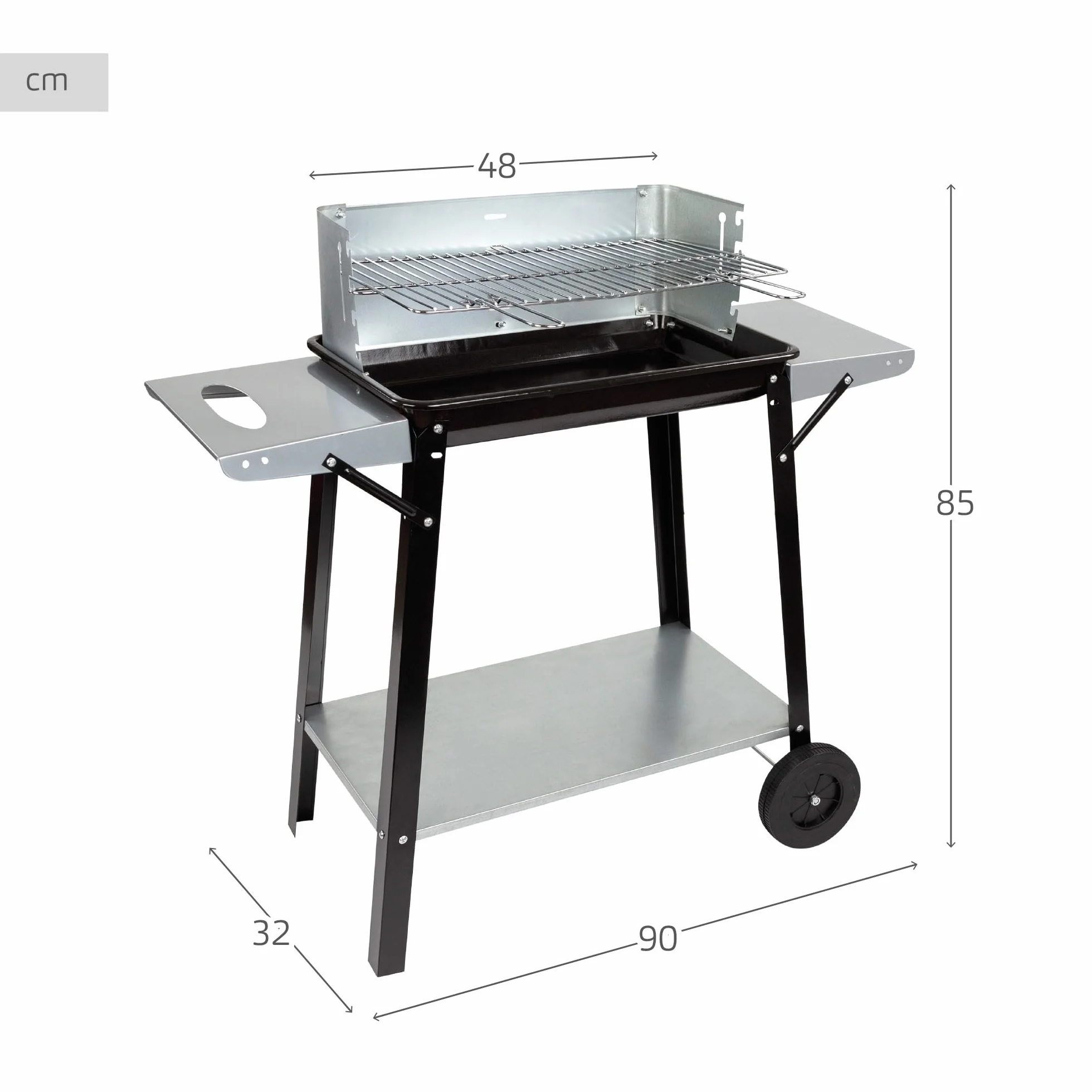 Aktive 52973 - Barbacoa carbón y leña 90x32x85 cm con control de temperatura y dos mangos extraíbles, 4 alturas regulables, 2 ruedas y asa de transporte, Fácil y rápida de montar