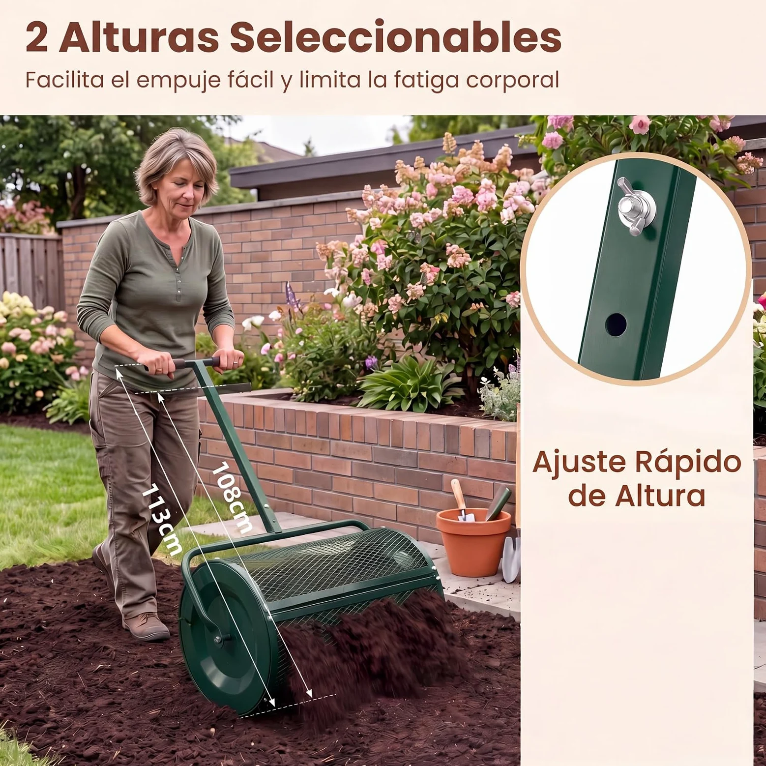 GYMAX Esparcidor de Semillas de Césped, Esparcidor de Abono con Mango de 2 Alturas Ajustables, Estructura de Metal Resistente, Bloqueos Laterales, Dispensador de Compost para Jardín (Verde)