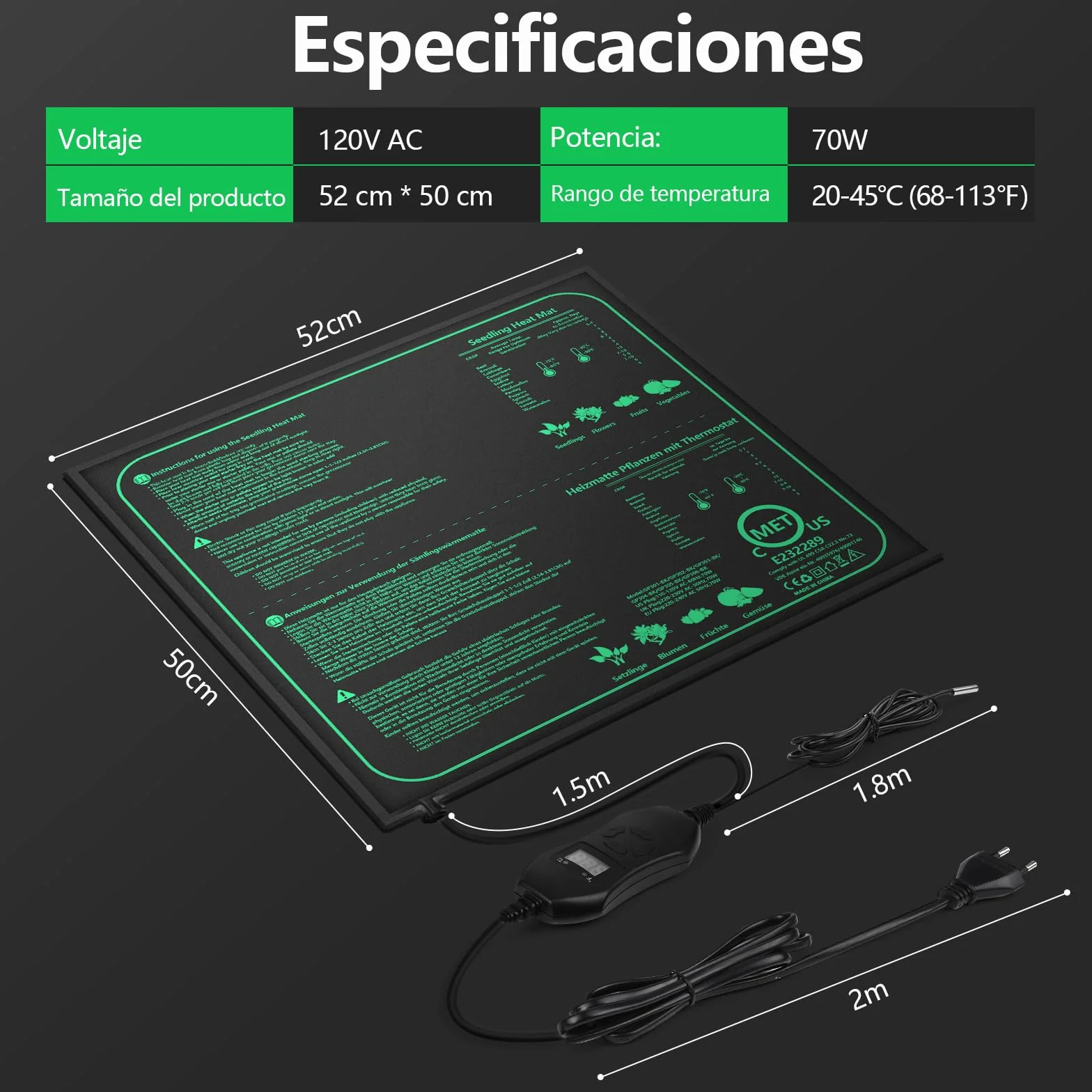 Estera Calefactora para Plantas con Termostato, 52 * 50cm Estera TéRmica para PláNtulas, 70W Almohadilla térmica para Plantas de Interior para Germinación, IP67 Impermeable
