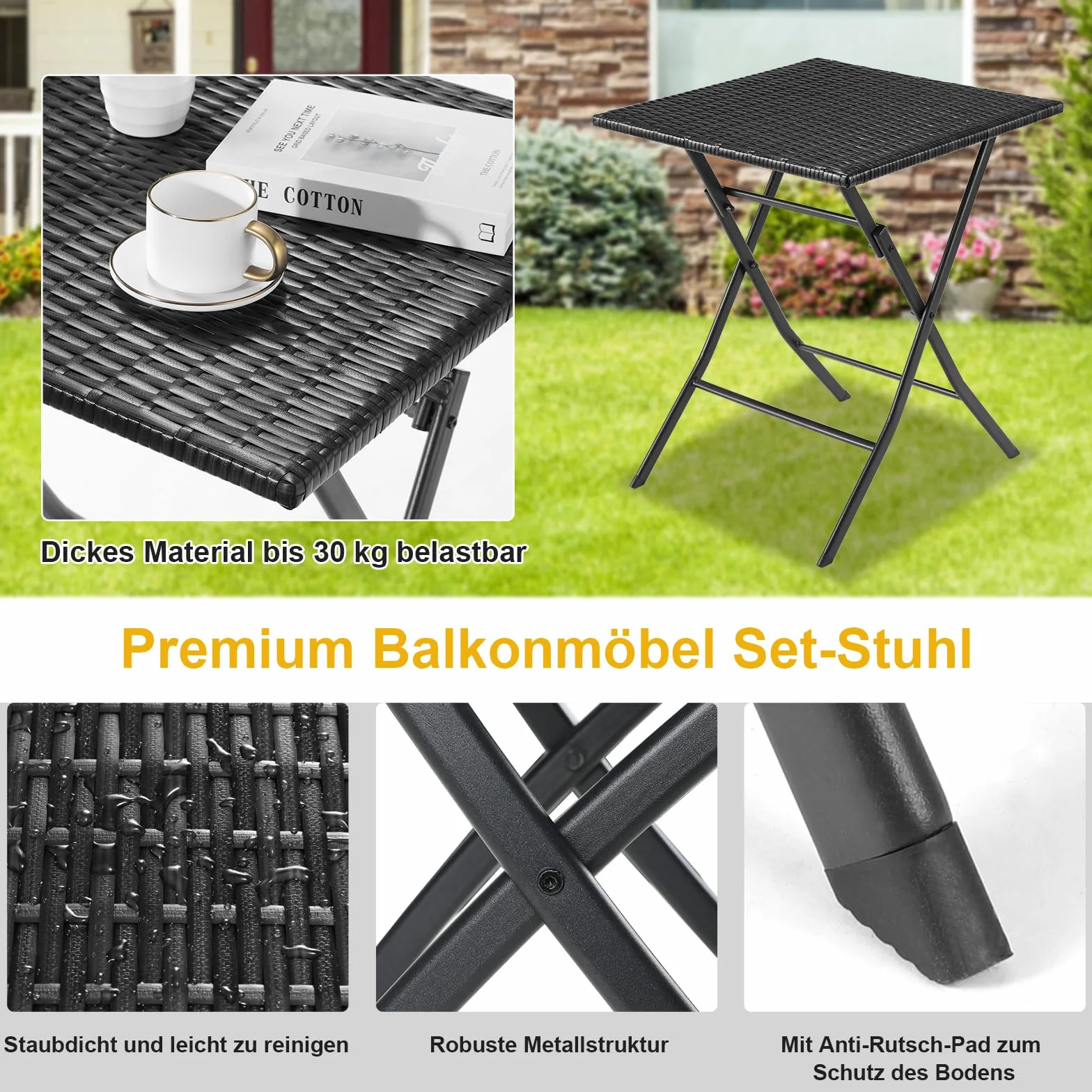 LIFERUN Juego de Muebles de Balcón de 3 Piezas, Muebles de Jardín de Ratán Plegable, 1 Mesa y 2 Sillas, Conjunto de Bistró, Conjunto de Mesa y Sillas de Jardín, para Balcón y Patio, Negro