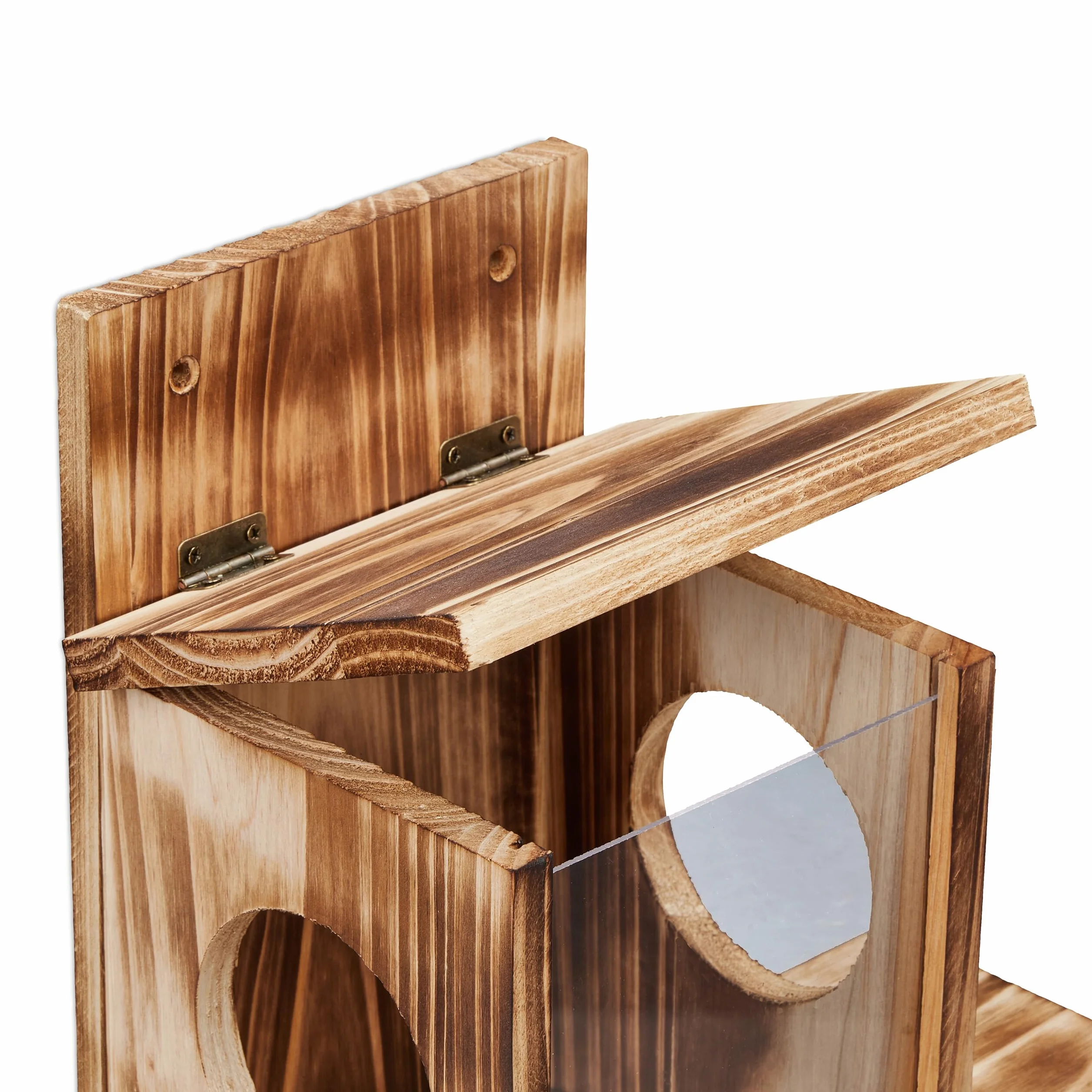 Relaxdays Comedero de Ardillas, Estación Alimentación, Madera Quemada, 2 Entradas y 2 Plataformas, 24x35x13 cm, Natural, 24 x 35 x 13 cm