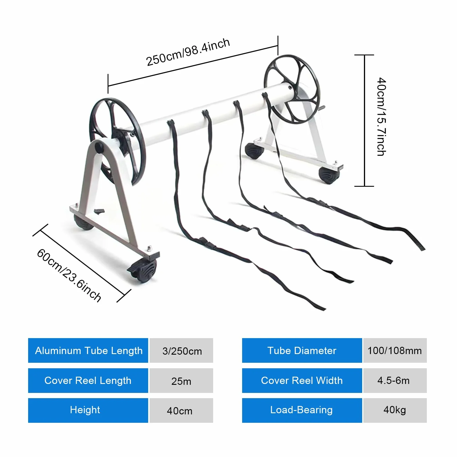 Carrete de piscina para cubiertas, rodillo telescópico de aluminio con ruedas y manivela para mantas solares, compatible con piscinas enterradas y sobre el suelo