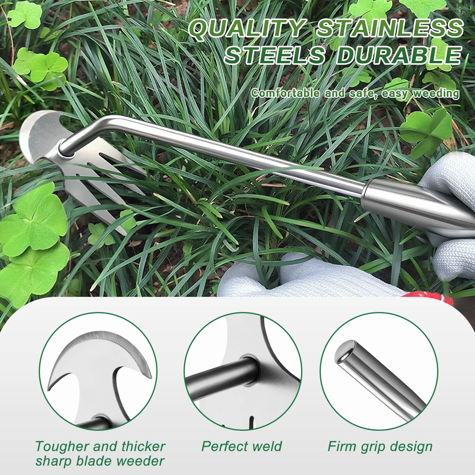 Hand Weeder Tool, Stainless Steel Handle Manual Weeder Tool, Pull Up Weeder Tool, Weed Discharge Tool, 4-Tooth Weeder Tool, Weeder Tool for Gardening 16inch