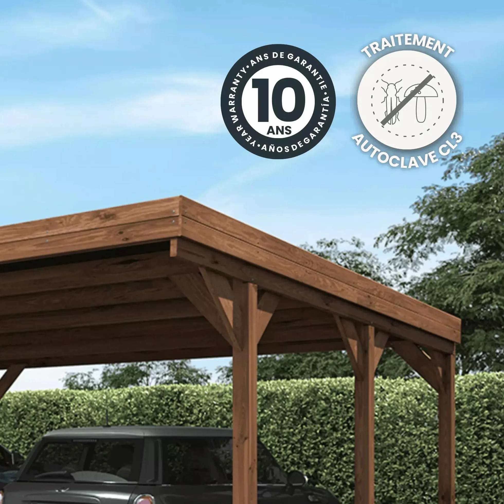 Forest Style - Cochera Doble Victor 30,9 m² (6,02 x 5,11 x 2,52 m) – Madera de Pino Tratada – Techo de Policarbonato – Aparcamiento Cubierto para 2 Coches – Estructura Robusta y Resistente