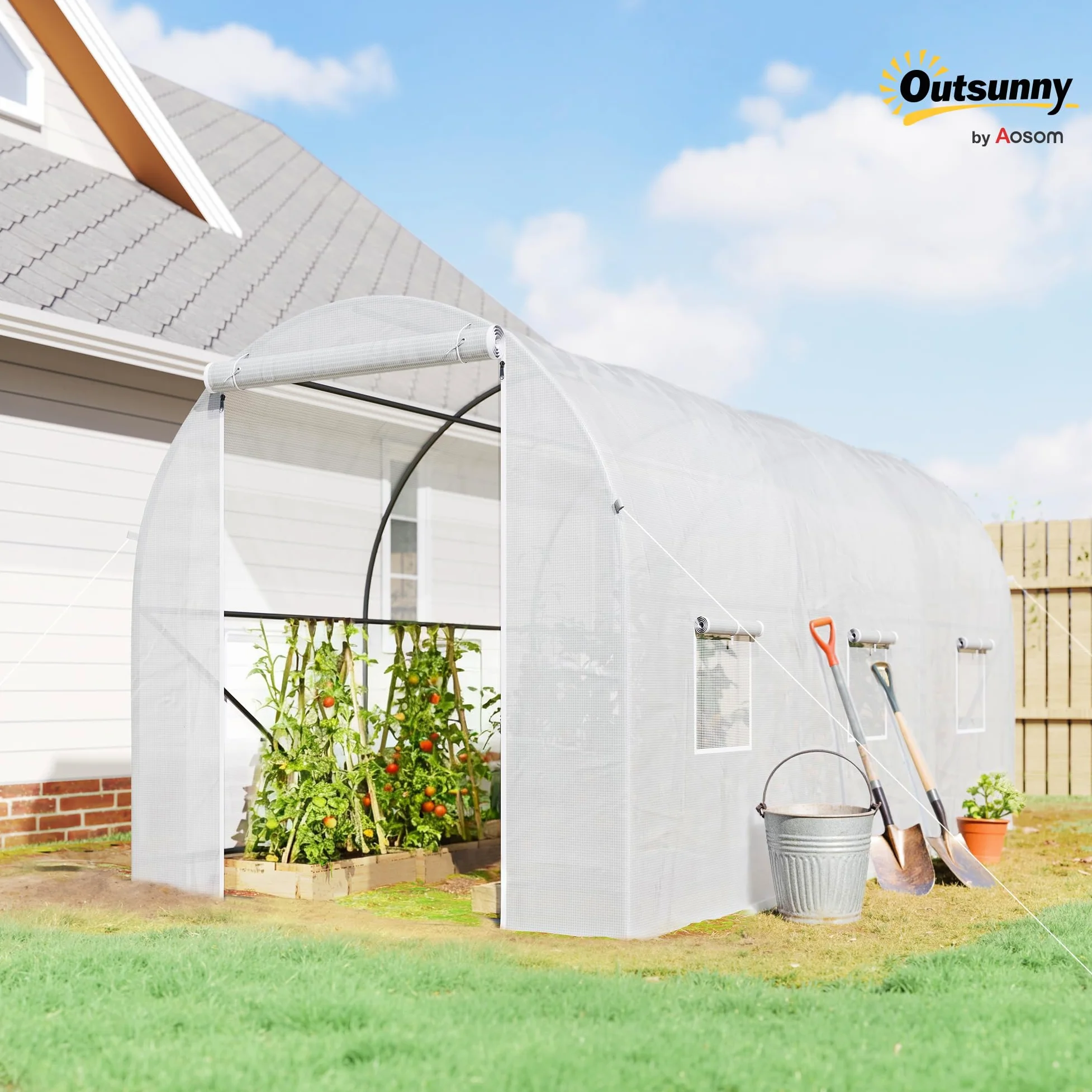 Outsunny Invernadero de Exterior 3,5x2x2 m Túnel con 6 Ventanas de Malla Puerta Enrollable Cremallera Anti-UV Blanco