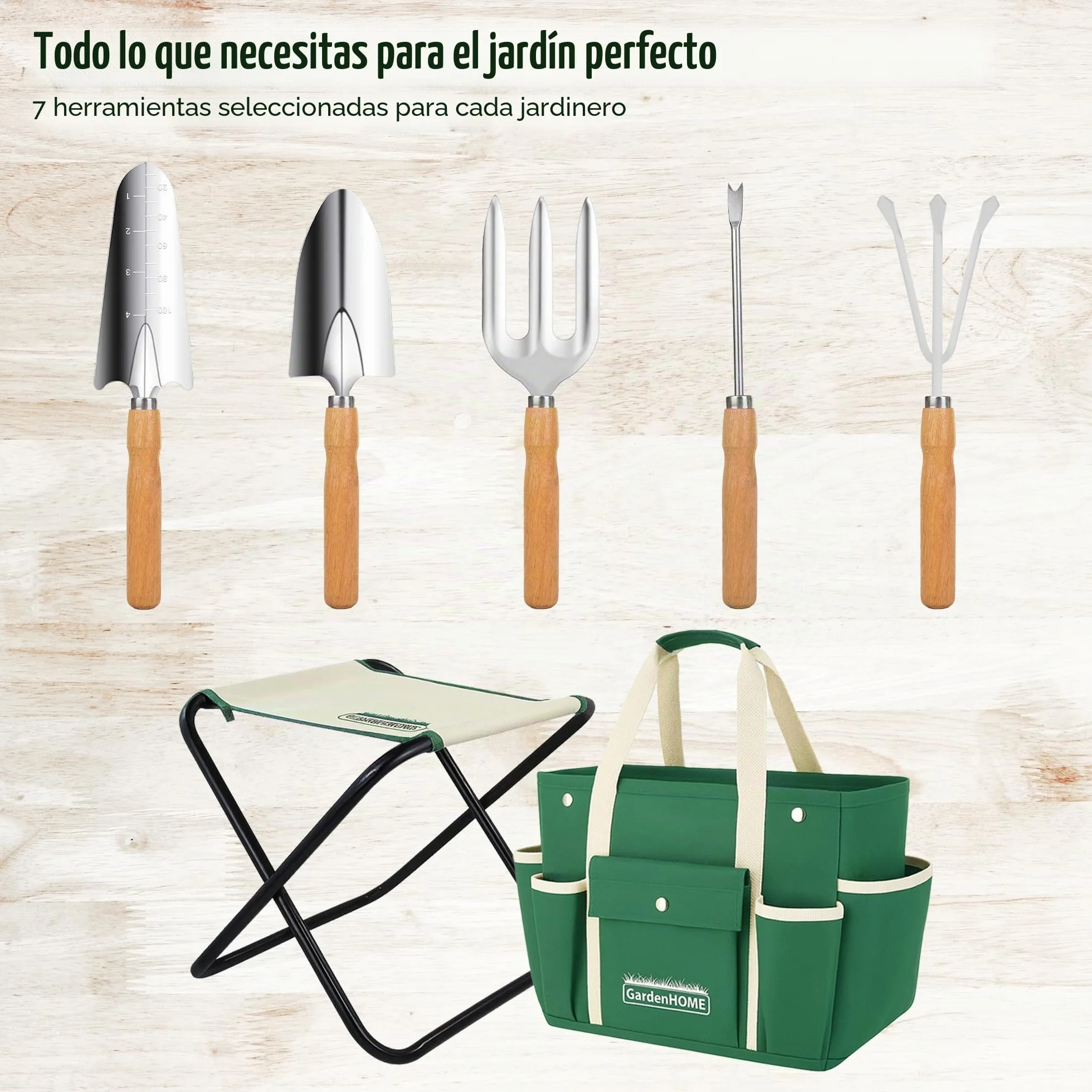 GardenHome Taburete Plegable para Jardinería 7 en 1 - Incluye Juego de Herramientas de Jardín de Acero Inoxidable de 5 Piezas y Estuche de Transporte Gratuito