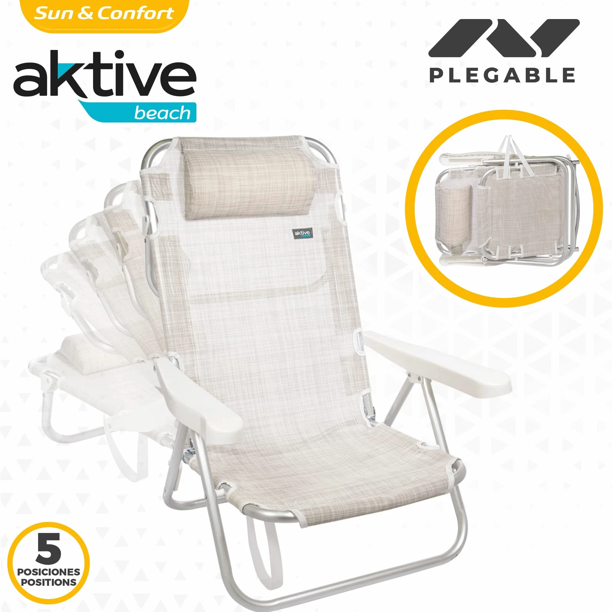 Aktive 62254 - Pack de 2 sillas plegables multiposición para playa, jardín, terraza o camping, 5 posiciones diferentes, Altura 21 cm, medidas 48x45,5x84 cm, Reforzadas, incluye asa de transporte