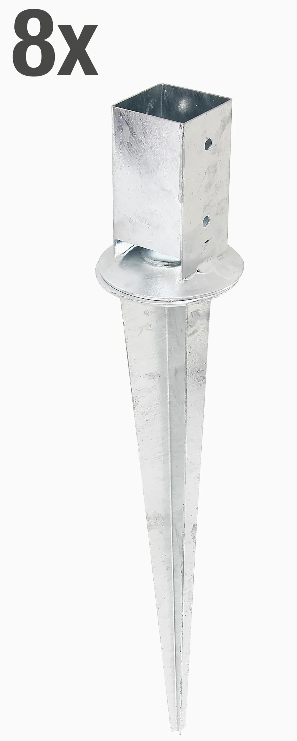 Alberts 208103 Juego de 8 casquillos de suelo | para postes cuadrados de madera con maceta ajustable | galvanizado en caliente | 71 x 71 mm | longitud total 750 mm