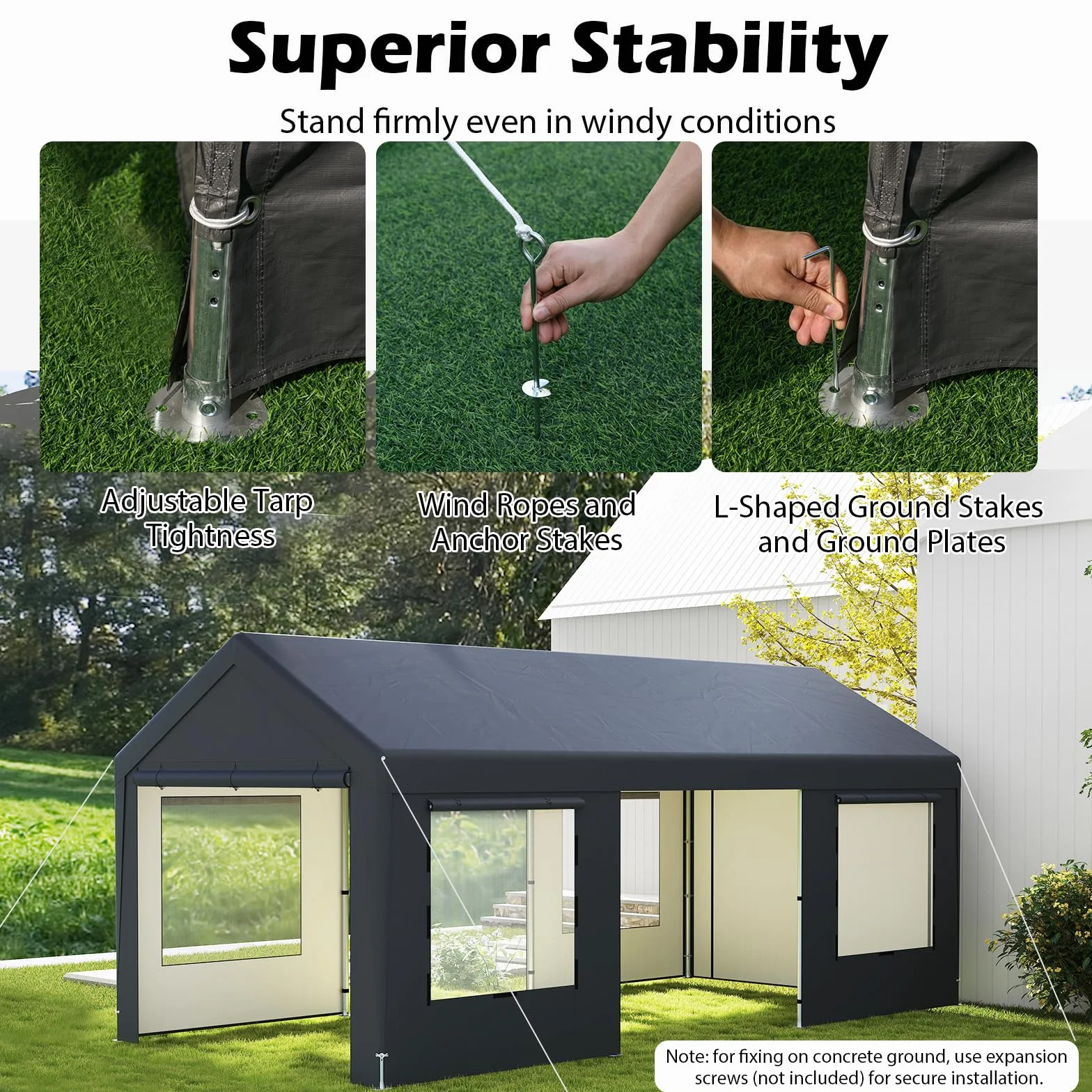 SOARS Carpa de Garaje 300 x 595 x 280, Tienda de campaña con 8 Paredes Laterales extraíbles, Marco de Metal, Paneles de Ventanas de Polietileno, Puertas enrollables, Refugio para Garaje, Incluye