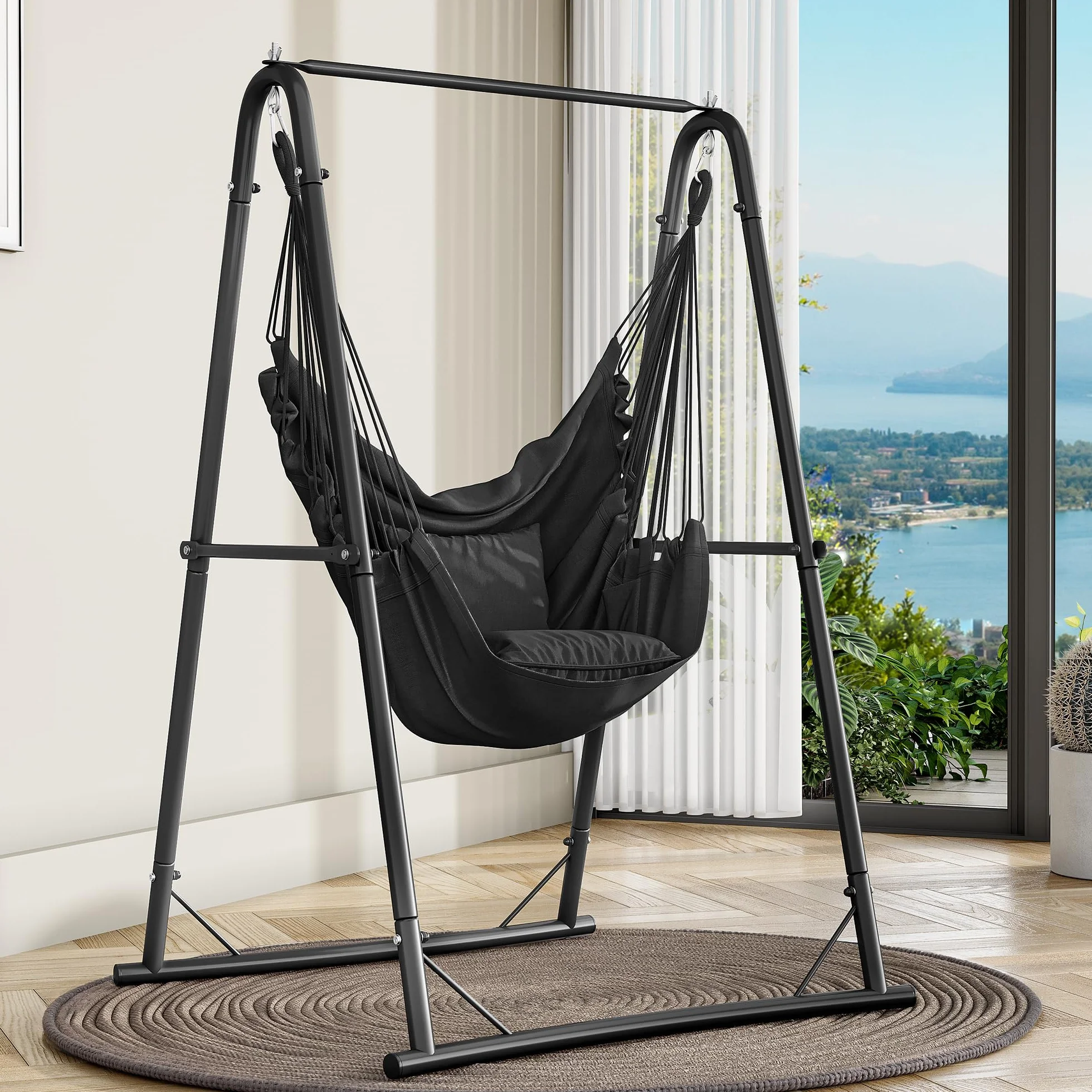 YITAHOME Hamaca Colgante con Estructura de 105 x 93 x 160 cm, Estructura de Acero Estable, Soporte para Hamaca con Columpio Colgante, Carga máxima de 150 kg, Mecedora con 2 Ganchos y 2 Cojines de