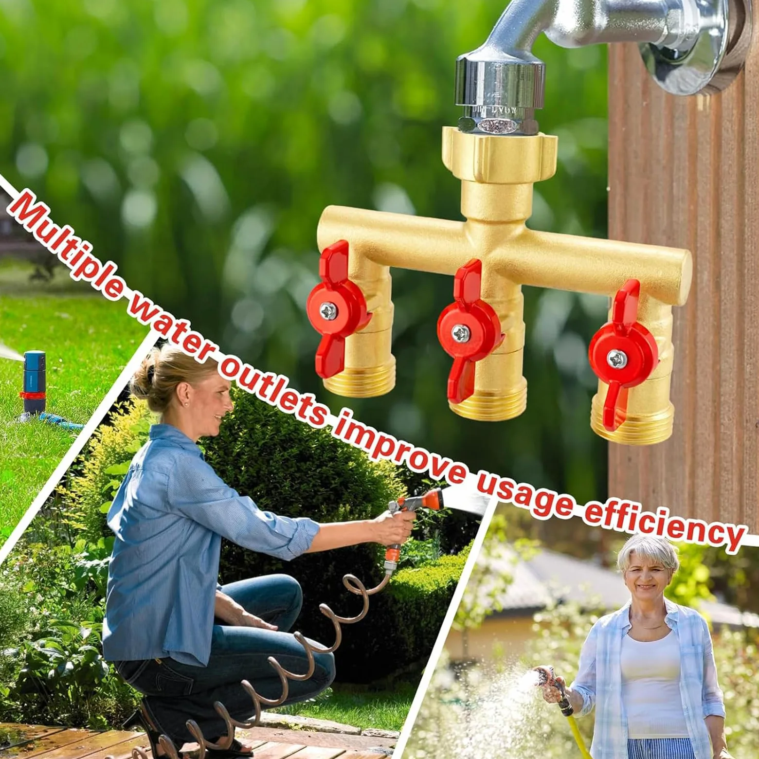 Divisor de manguera de jardín de 3 puertos de latón sólido, tipo pesado, 3 vías, divisor en Y para conexión de múltiples mangueras, adaptador de espiga al aire libre a prueba de fugas