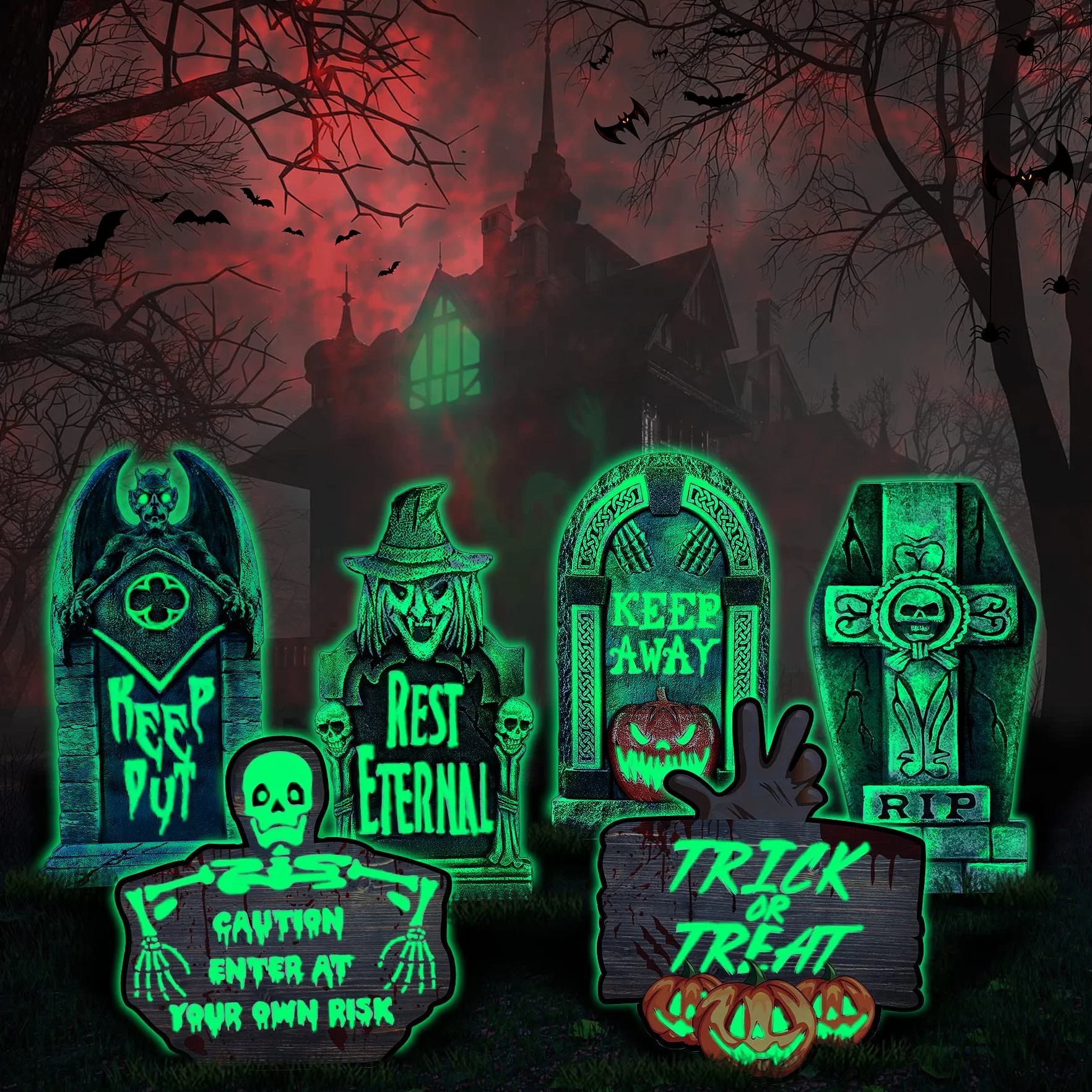 Juego de 6 Lápidas de Halloween Efecto Fluorescente -Decoración Horrorosa Interiores|Exteriores Lápidas de Cementerio Falsas de Halloween - Patio Trasero| Césped| Jardín| Casa Embrujada