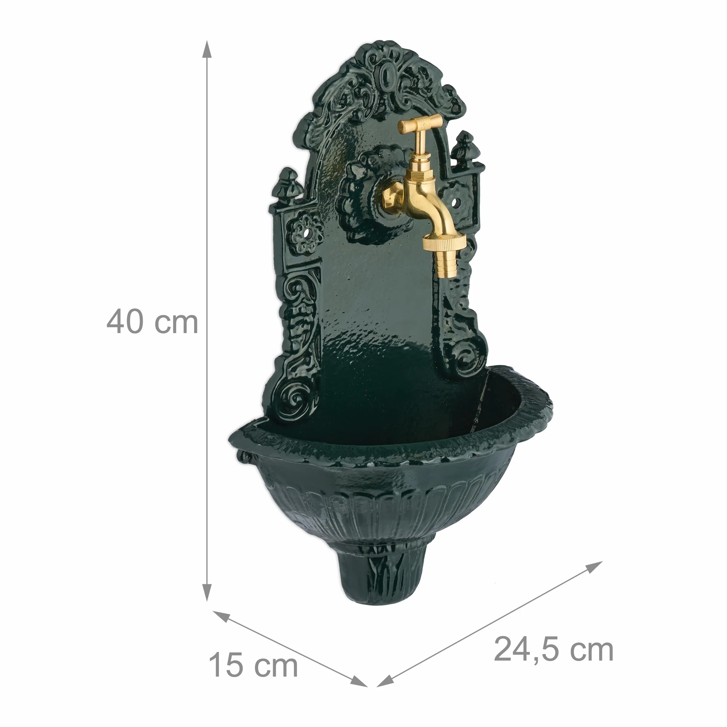 Relaxdays Fuente de Agua de Pared Aluminio Fundido 40x24,5x15 cm Verde/Dorado con Grifo Antigua