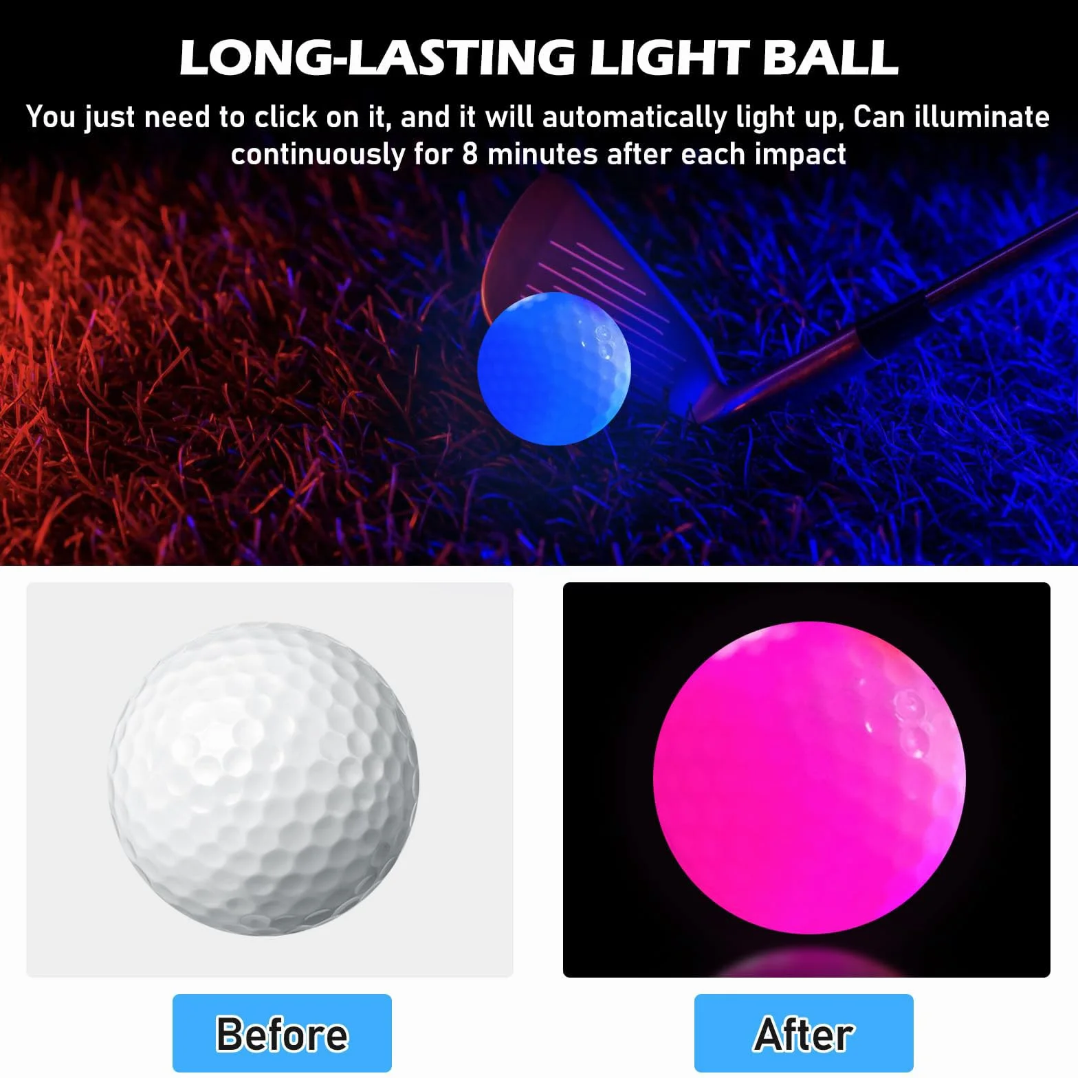 PORFOYO 6 pelotas de golf luminosas nocturnas reutilizables entrenamiento larga distancia rojo amarillo verde azul blanco rosa
