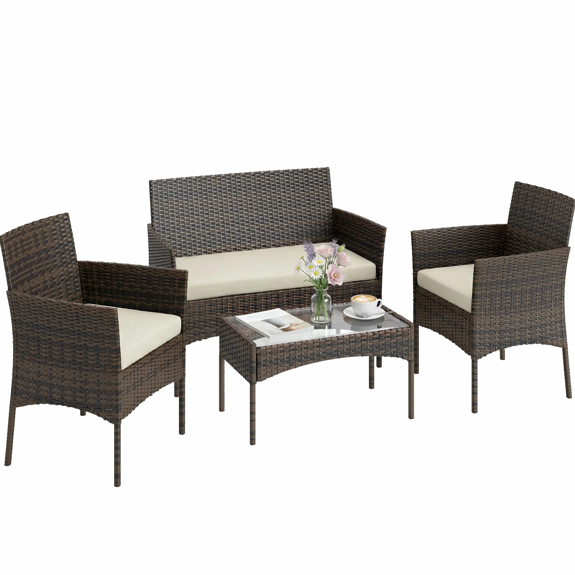 Outsunny Conjunto Jardín Exterior de Ratán con Cojines Conjunto Terraza Resistente a la Intemperie Muebles Jardín Exterior con 2 Sillones Sofá de 2 Plazas Mesa con Cristal Marrón