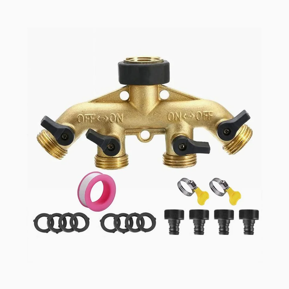 Distribuidor de colector divisor de grifo de 3/4 pulgadas y 1/2 pulgada, adaptador de conector de manguera de válvula de agua de latón de 4 vías para accesorios de riego, estándar de la UE