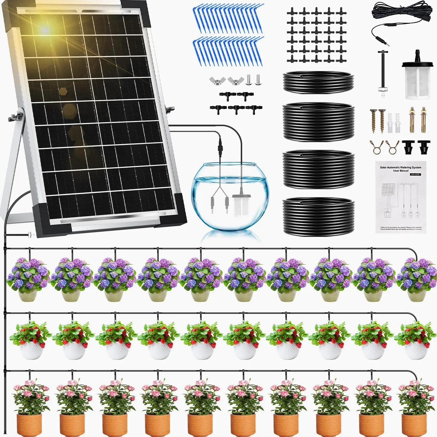 Onherm Kit Sistema de Riego por Goteo Automático Solar para Maceta, Manguera de 30 Metros para 1-30 Plantas en Macetas, 300 Modos de Temporizador, pare Jardín, Balcón y Huerta