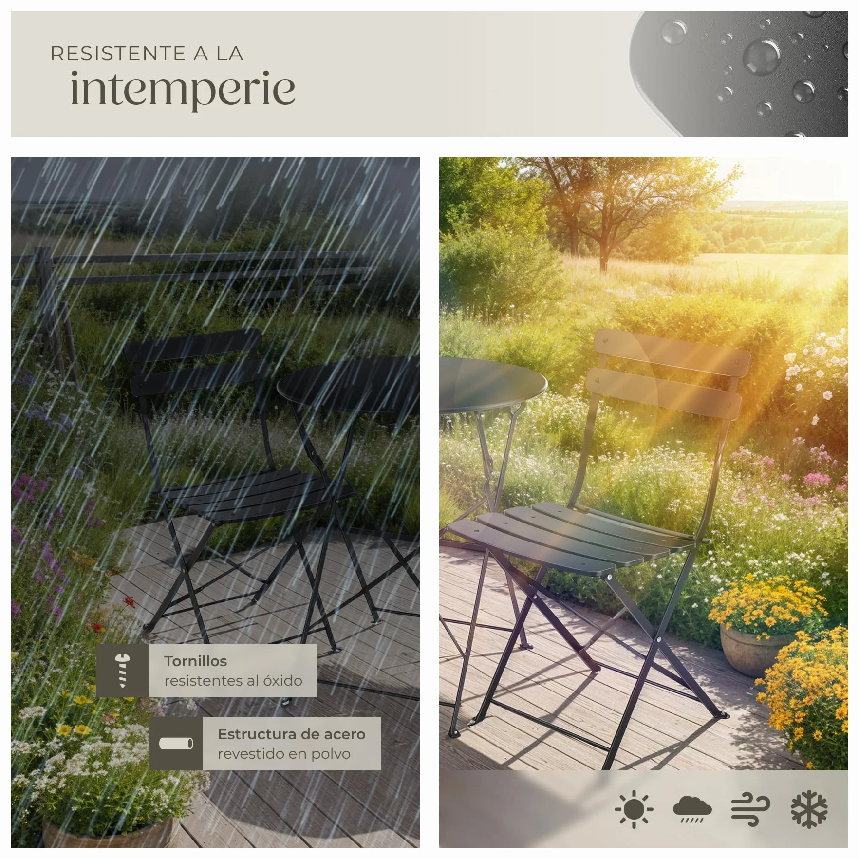 tectake® Conjunto Muebles Jardín Exterior de Mesa de Bistró y 2 Sillas, Plegables, Tapas Antideslizantes, Mesa y Sillas Terraza Estilo Retro con Estructura de Acero, Ideal Balcones Pequeños - Negro