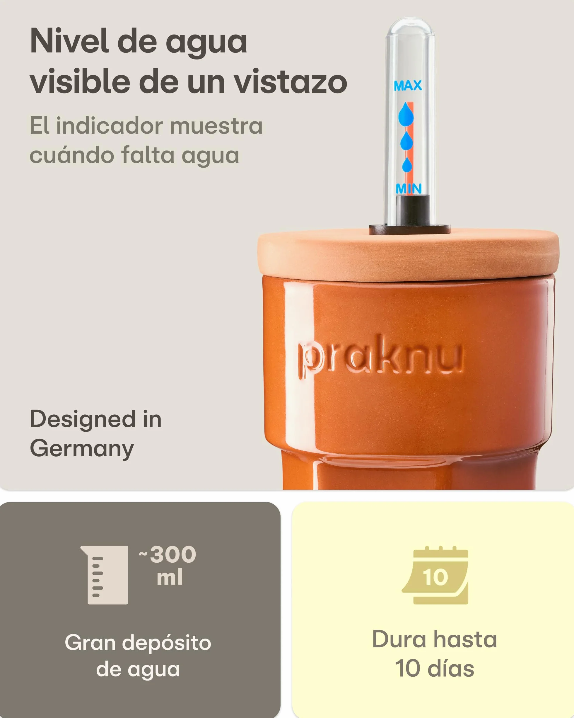 Praknu 3 x Conos de Riego de Terracota con Tapa e Indicador de Nivel de Agua – Hasta 10 Días de Riego Automático – Fácil Limpieza – Dispensador de Agua para Vacaciones
