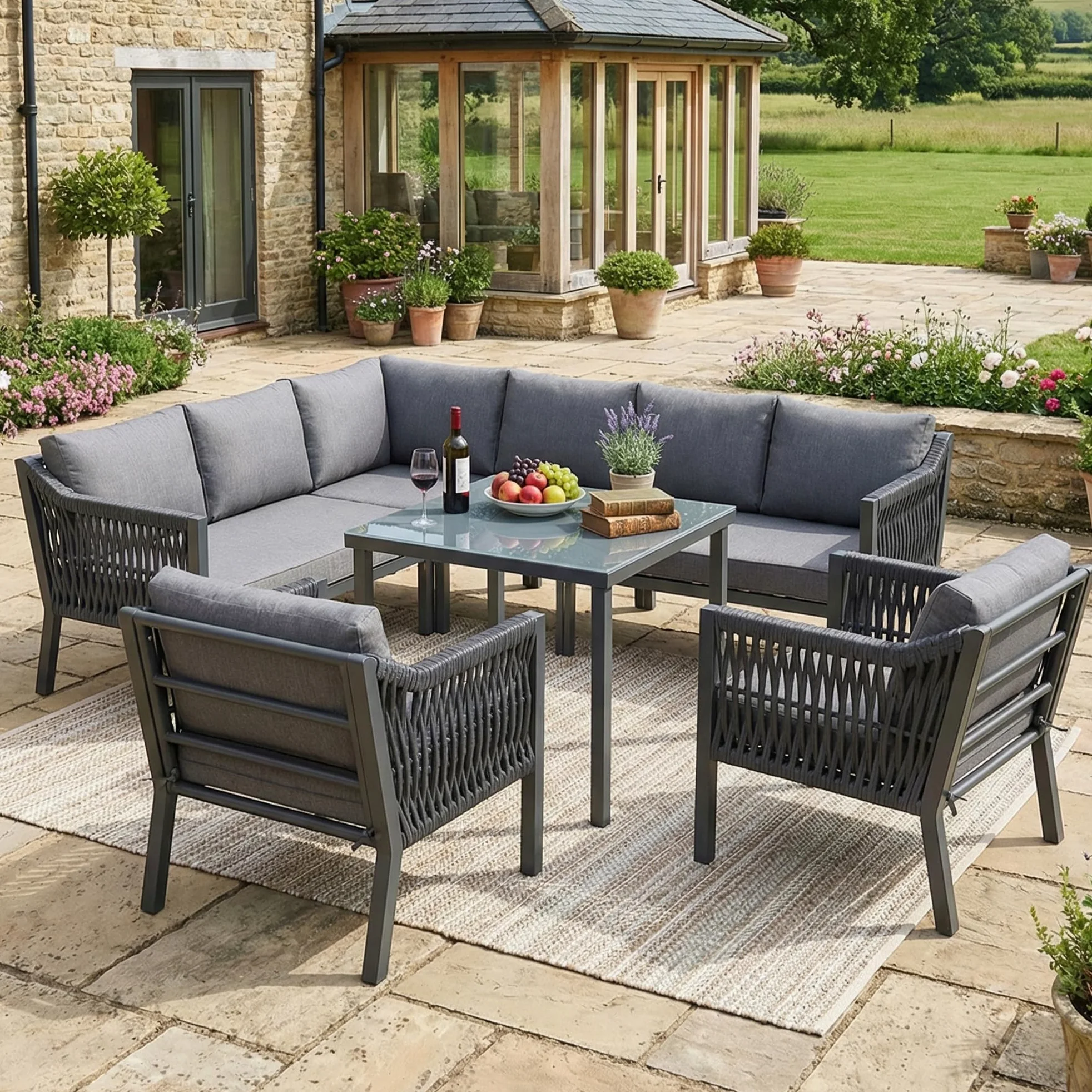 Muebles Jardin Exterior de 7-8 Plazas con 2 Sillones y Mesa, Sofa Terraza Exterior con Cojín Suave, Muebles Terraza Exterior con Reposabrazos Trenzado y Estructura Metálica, Gris