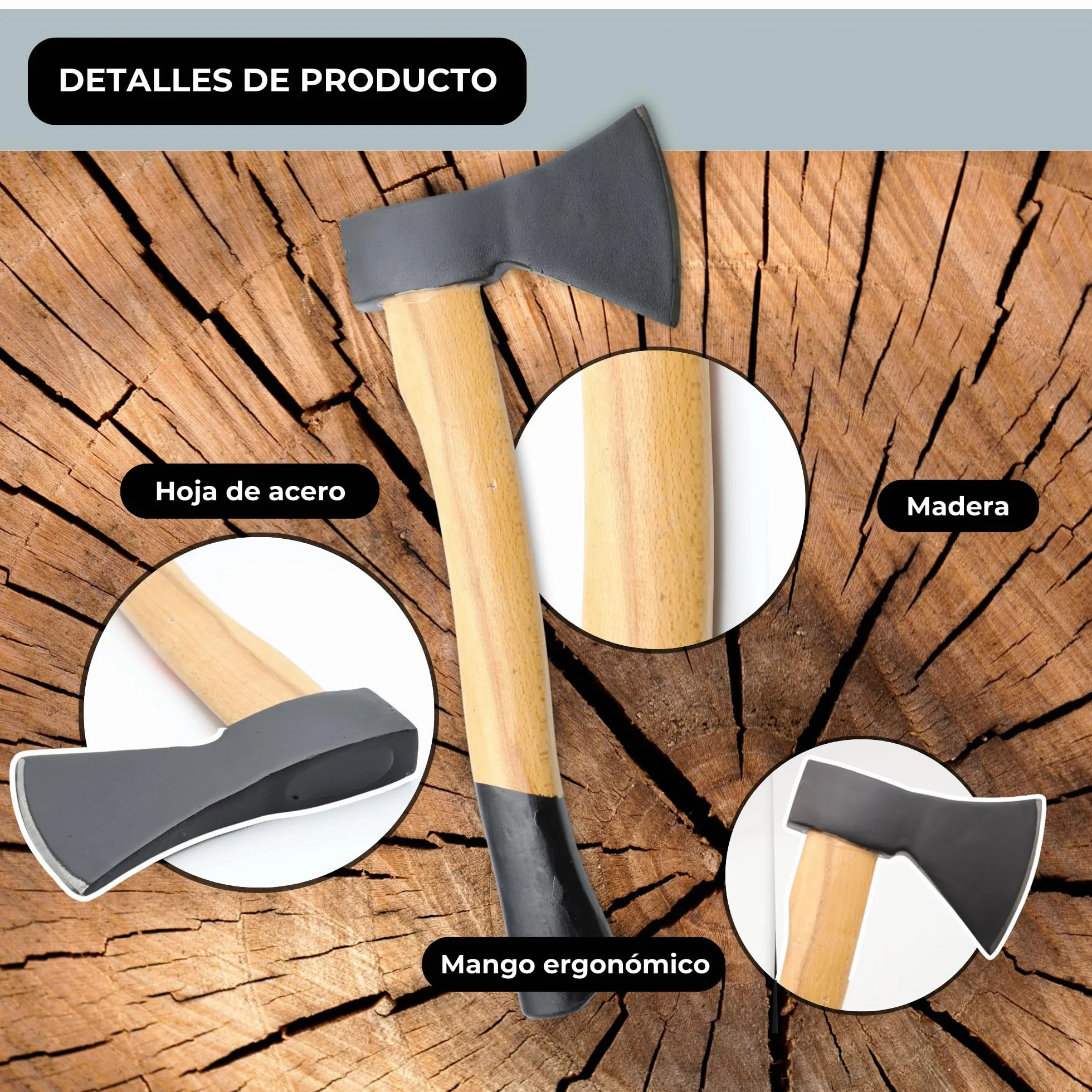 TECHZOCO Hacha Pequeña de 600 g con Mango de Madera, Hacha Vizcaína, Hachas de Tala Universal, Cabeza de Acero al Carbono, Longitud 38,5 cm
