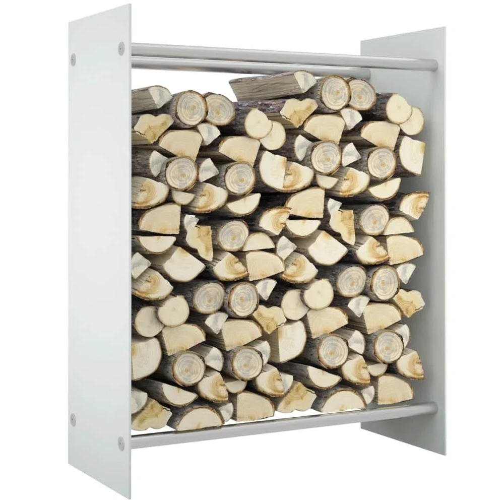 Estantería para leña blanca de cristal templado y acero, 80 x 35 x 100 cm, con soporte de pared, para guardar y ordenar leña en interiores y exteriores