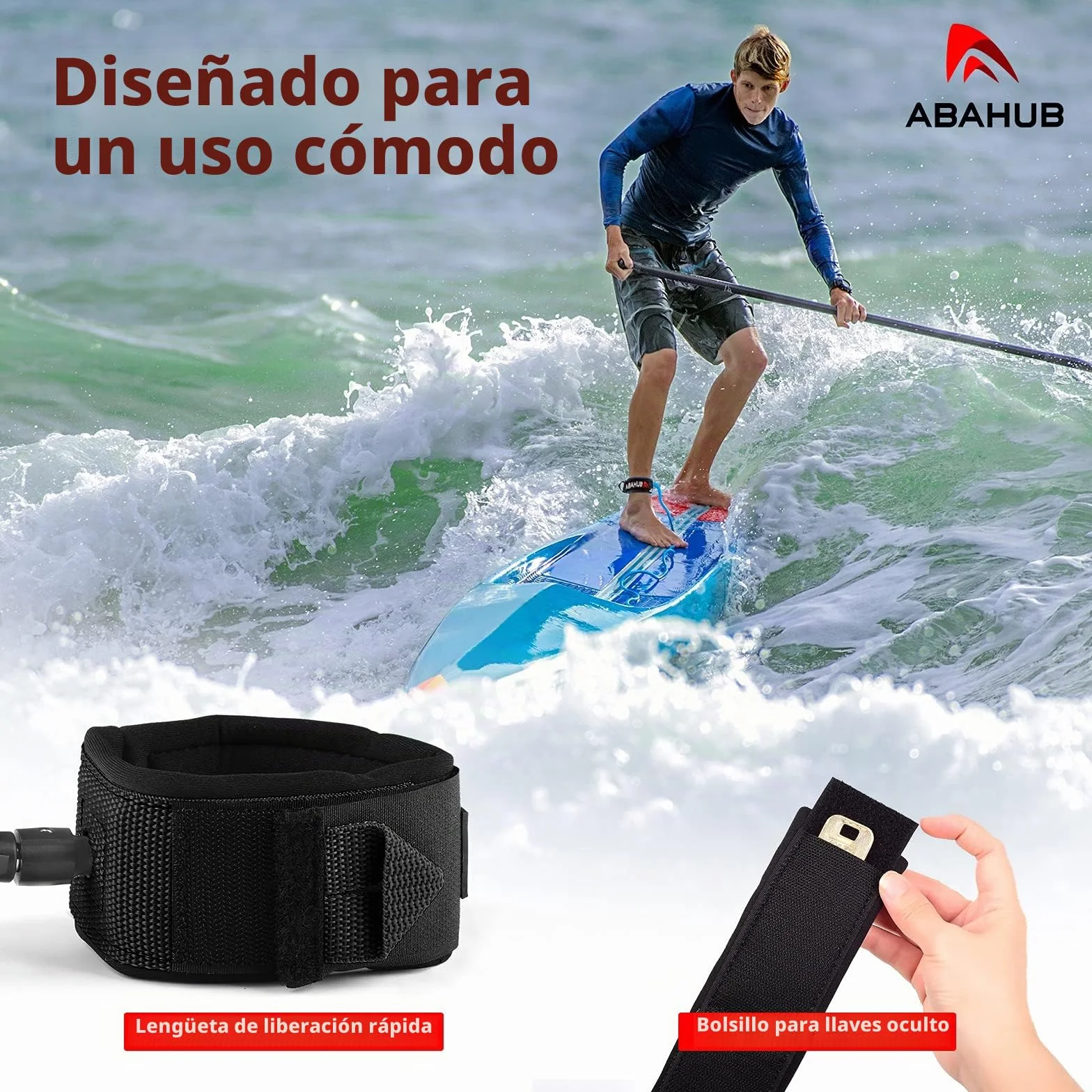 Abahub Sup Leash 10ft 7mm Correa Tabla Surf Safety Line Negro Azul Naranja Verde Amarillo Blanco Transparente Rojo