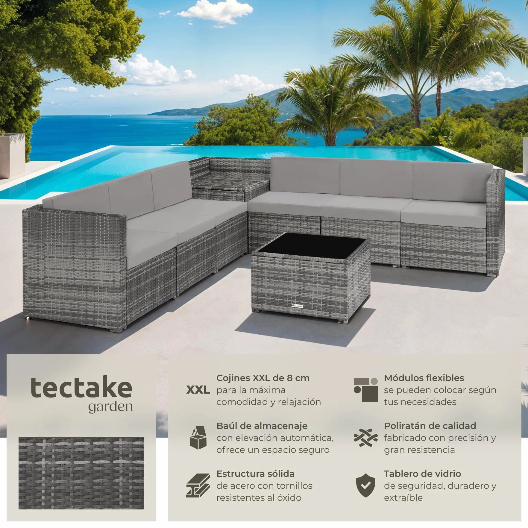 tectake® Conjunto Jardín de Ratán, Muebles Jardín Exterior 6 Sillones, 1 Mesa con Cristal, 1 Baúl Almacenamiento, Conjunto Terraza Resistente a la Intemperie, con Cojines, Estructura en Acero - Gris