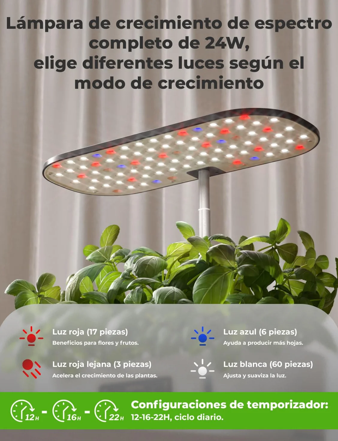 Sistema de Cultivo Hidropónico Kit de Cultivo Interior con Iluminación LED Automática, Huerto Interior con Temporizador Automático, Altura Ajustable (13 Vainas)