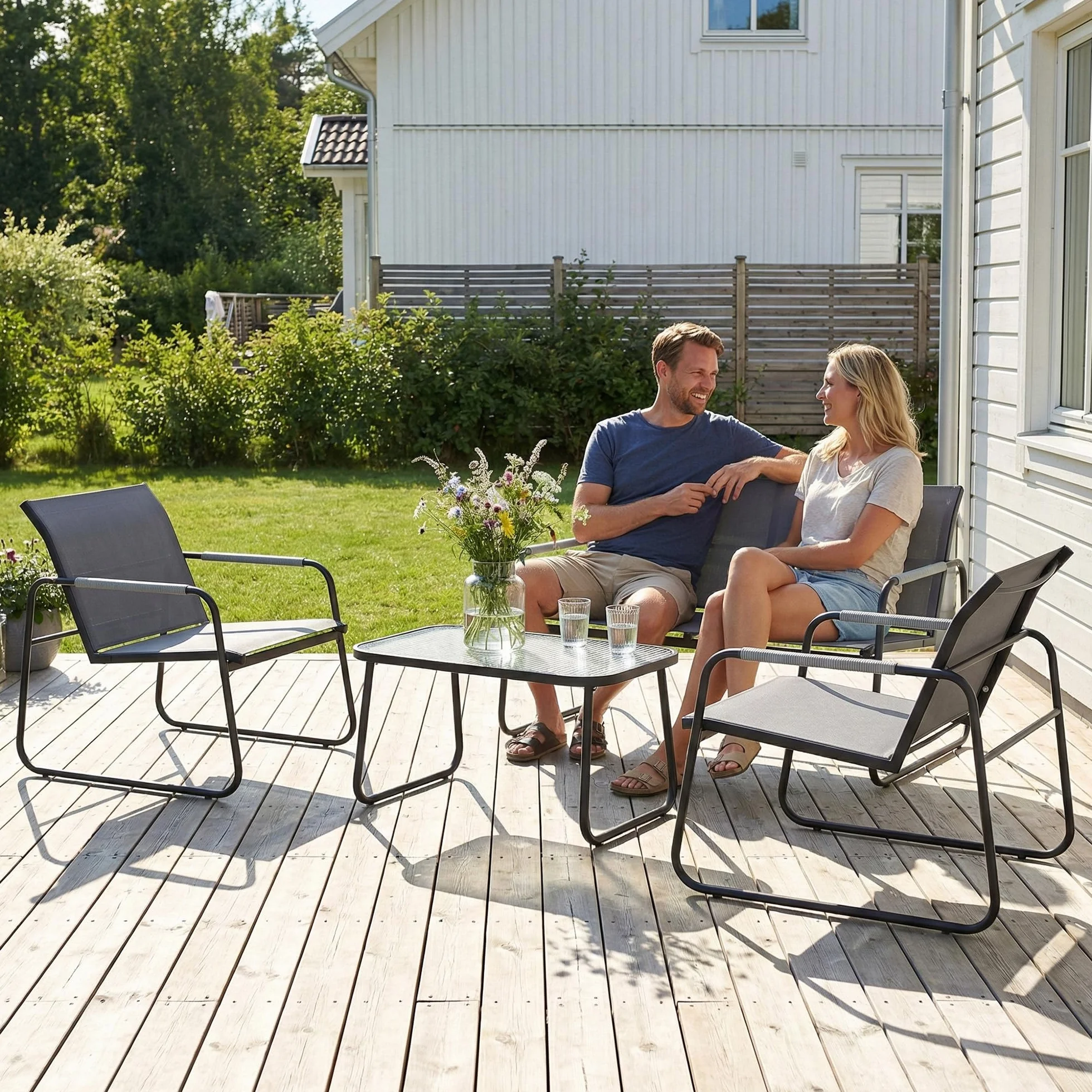 Outsunny Conjunto de Jardín Exterior de 4 Piezas, Muebles Jardín Exterior con 1 Sofá de 2 Plazas, 2 Sillones y Mesa de Vidrio Templado, Estructura de Acero y Textilene Transpirable, Gris