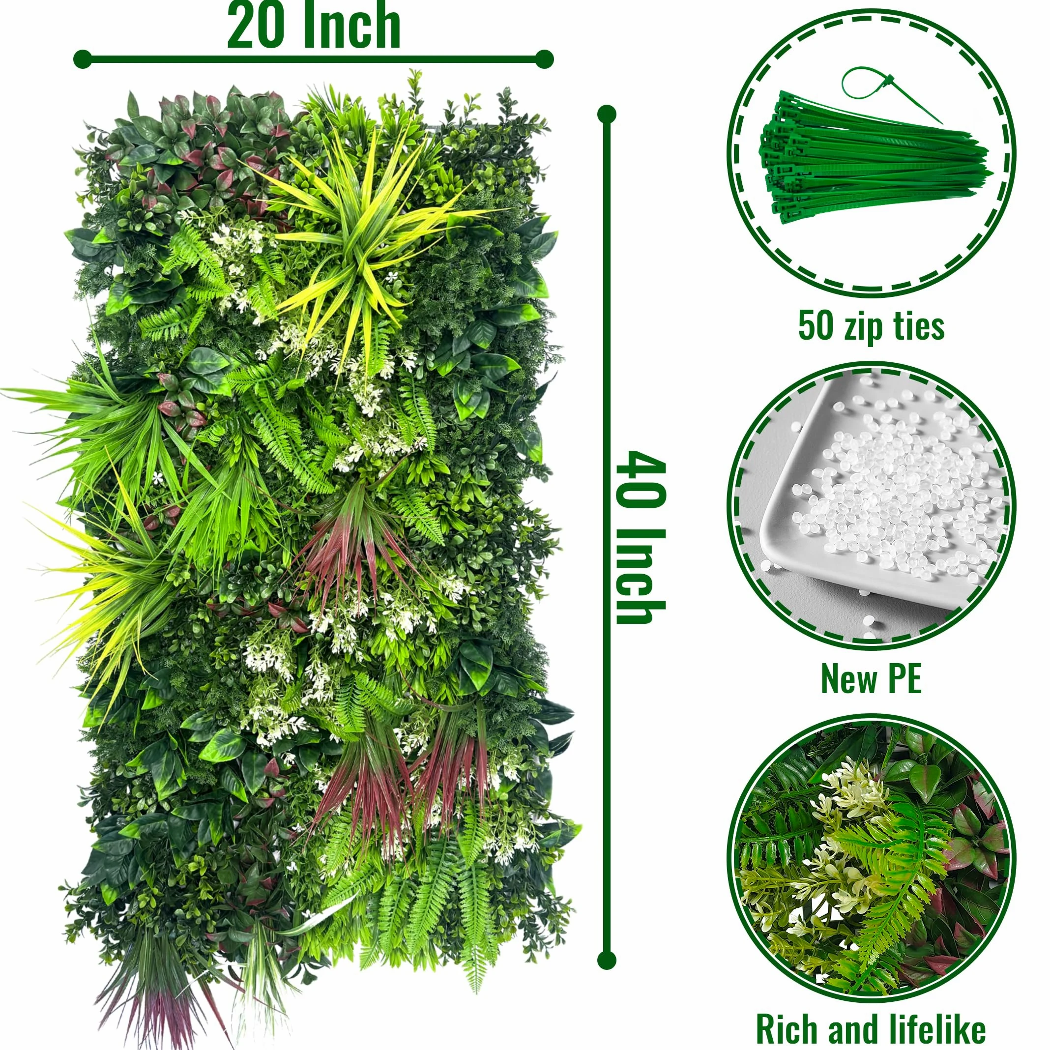 ODTORY Paneles de pared para plantas, 40 x 20 pulgadas, telón de fondo de pared de césped artificial, pantalla de privacidad con protección UV, pantalla de valla de seto de hojas verdes falsas para