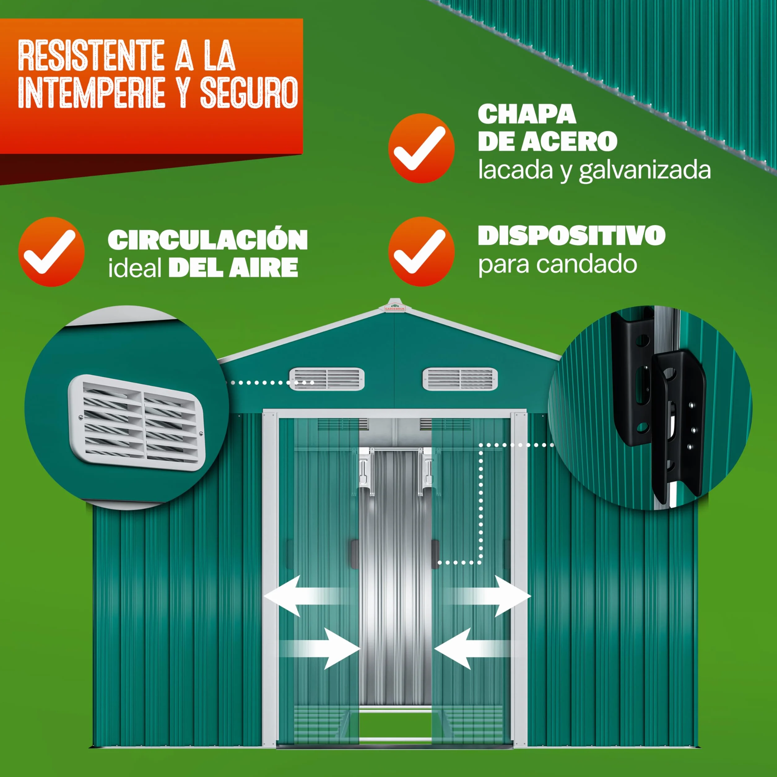 GARDEBRUK® Cobertizo de Jardín 8 m² 312x257x178 cm Caseta Metálica Exterior 15m³ con Base Puerta Corrediza Verde