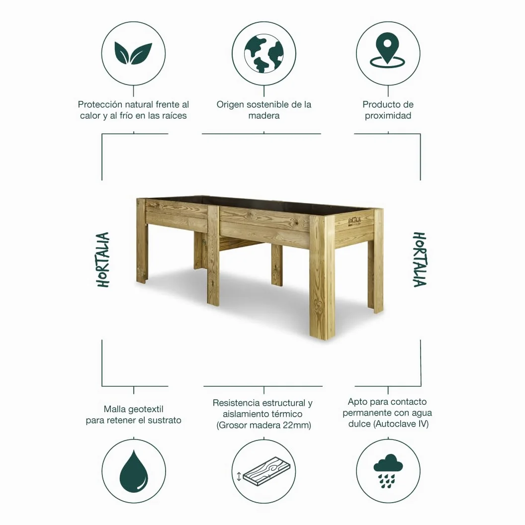 Hortalia Mesa de Cultivo Grande Huerto Urbano Jardinera de Madera - Protección Exterior Autoclave Nivel IV - Gardenbrico - XXL80
