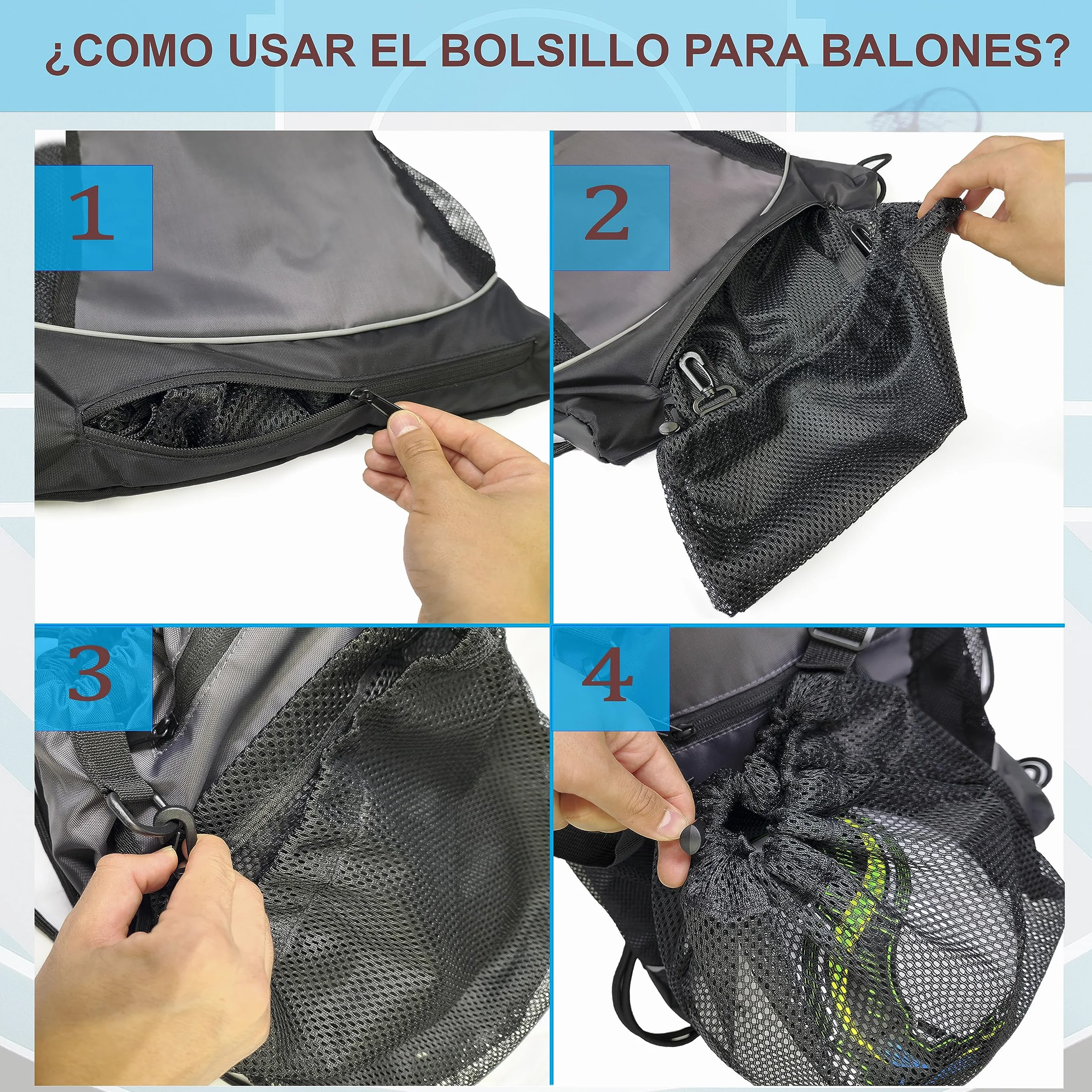 Mochila para Pelotas de Baloncesto, Cuerdas Deportiva, Incluye Inflador Portátil Negro