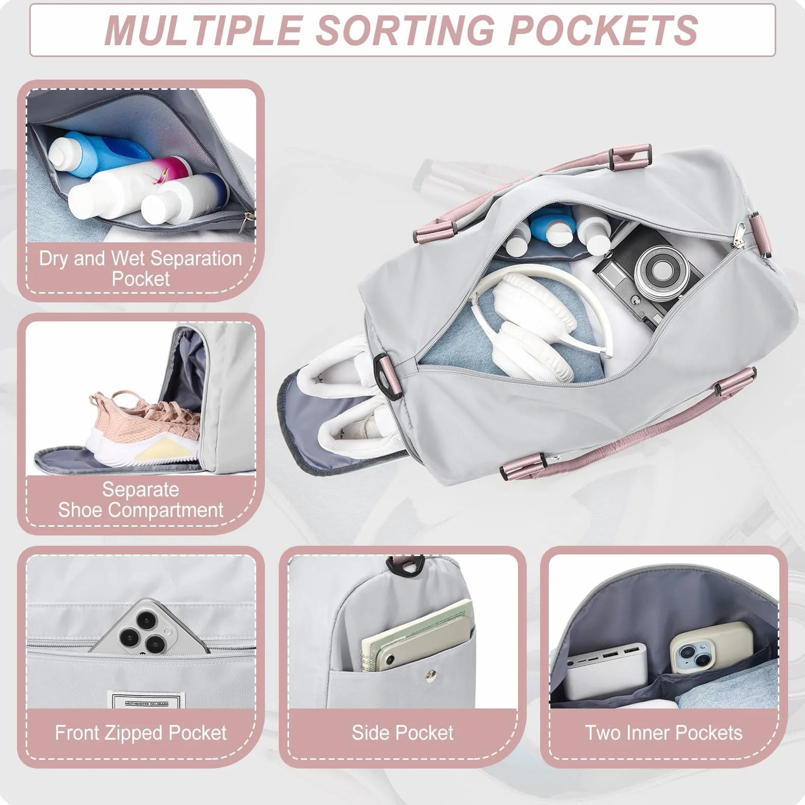 Bolsa Gimnasio Deportiva Mujer Hombre Grande con Compartimento Zapatos Bolsillo Húmedo Sports Gym Bag