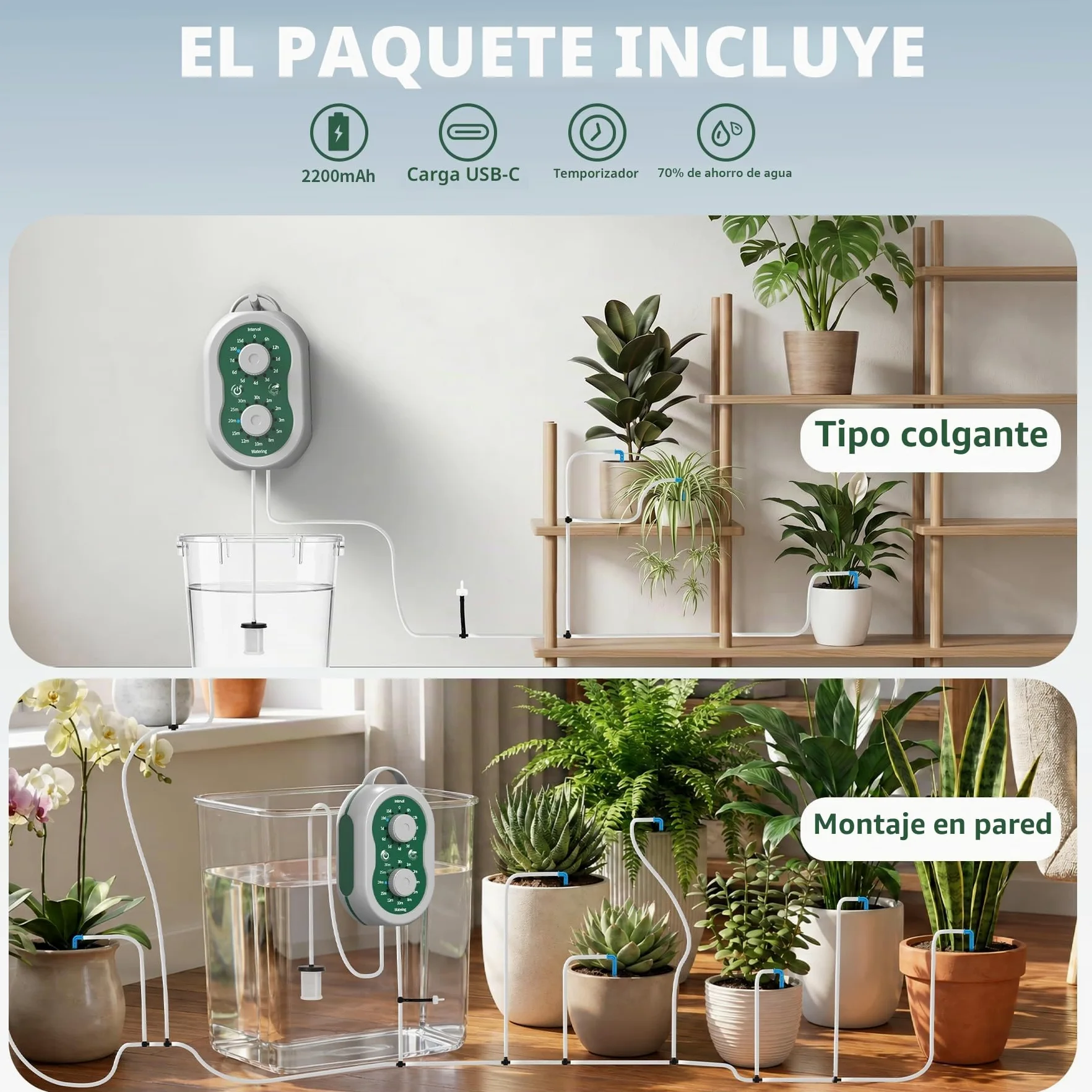 Kit Riego por Goteo Automático Recargable Sistema de Riego por Goteo 132 Modos para 15 Plantas, Sistema de Riego Automático de Plantas para Interior, Balcón, Invernadero, Jardín