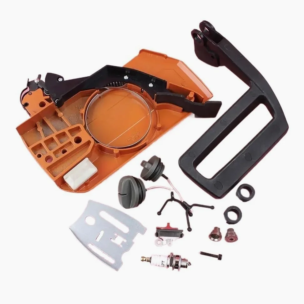 Adecuado for motosierra HuS 266, 268, 272, 61 y 66. Kit de placa de palanca de cubierta de embrague lateral de freno con tapa de aceite, engranaje helicoidal 5037366-01.