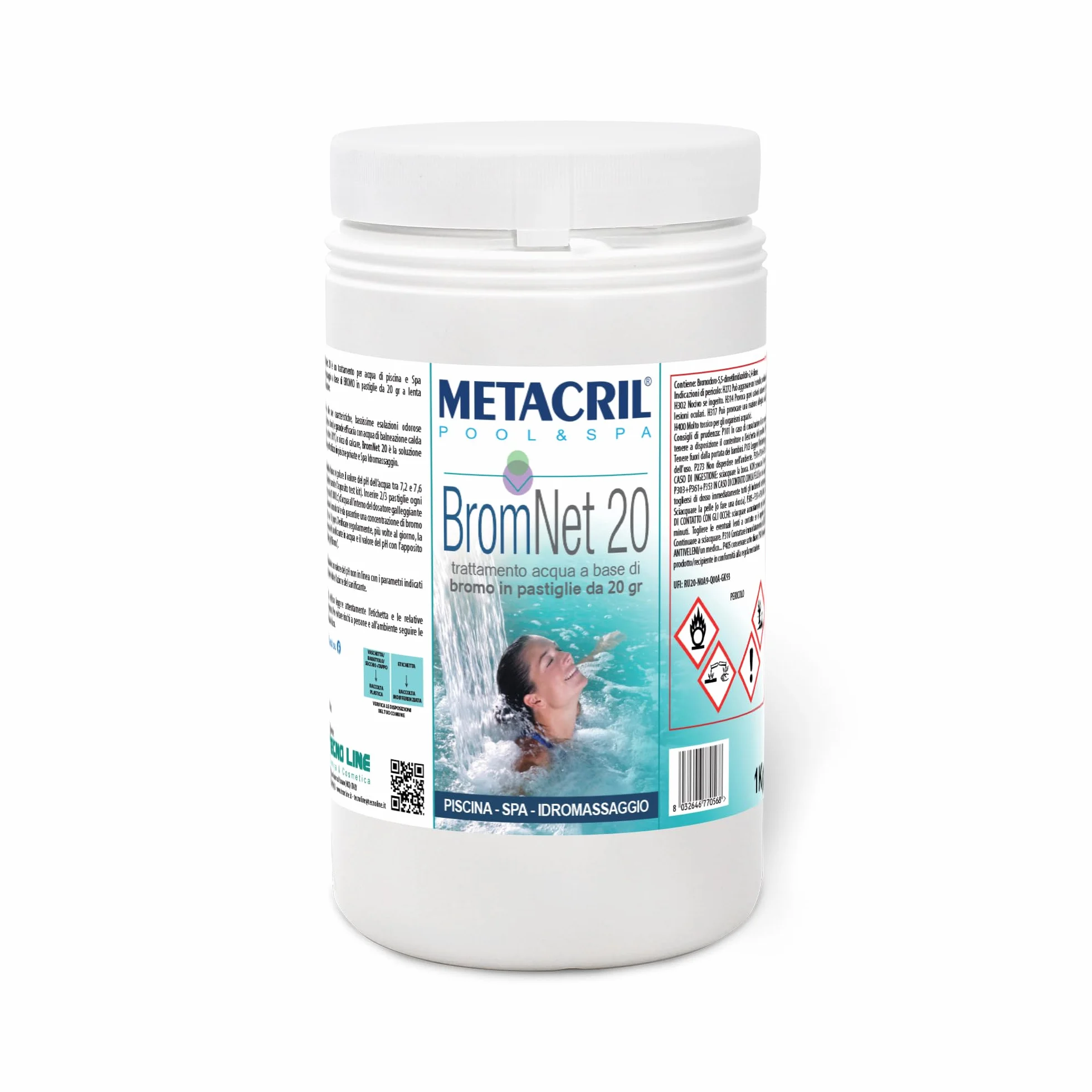 Metacril Brom Net 20, Pastillas de bromo de disolución Lenta, 20 g, para Piscinas y spas - 1 KG