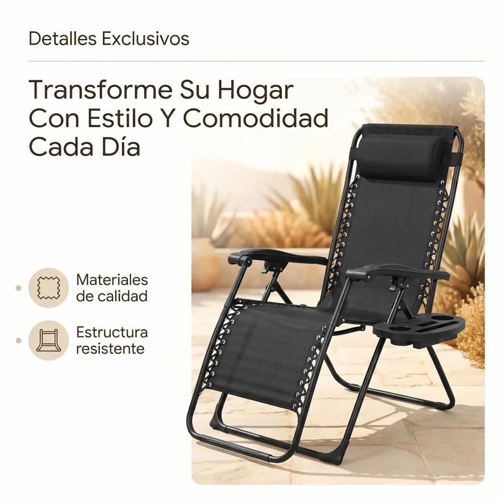 Tumbona Plegable para Exterior | Reposapiés y Cojín Ajustable | Silla Reclinable Bandeja Lateral para Bebidas, Móvil y Libros | para Terraza, Camping, Playa, Piscina (Negro)