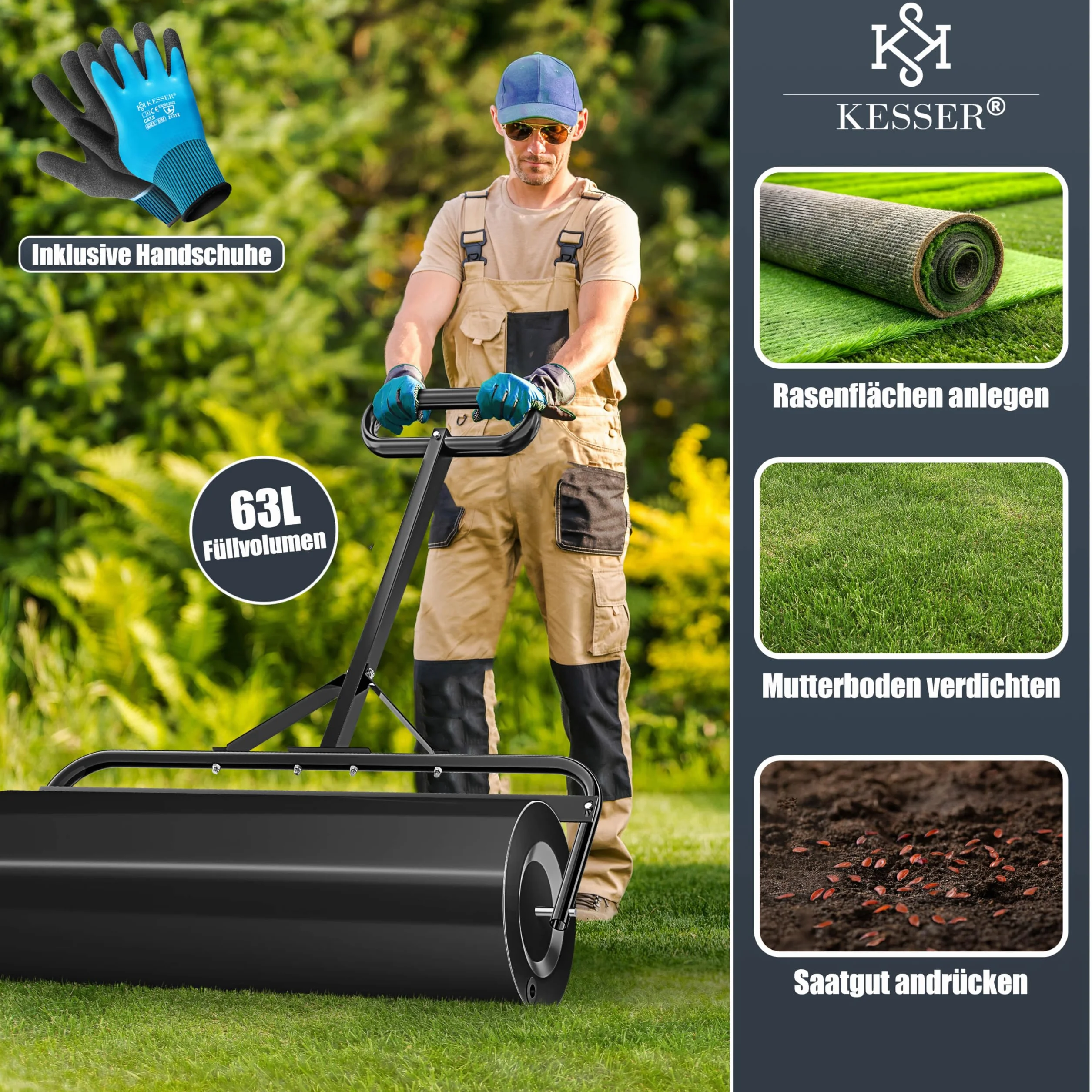 KESSER Rodillo de césped de metal rellenable con agua o arena con 63 litros de volumen y 99 cm de ancho | rodillo de jardín incluye guantes | rodillo manual de césped en negro