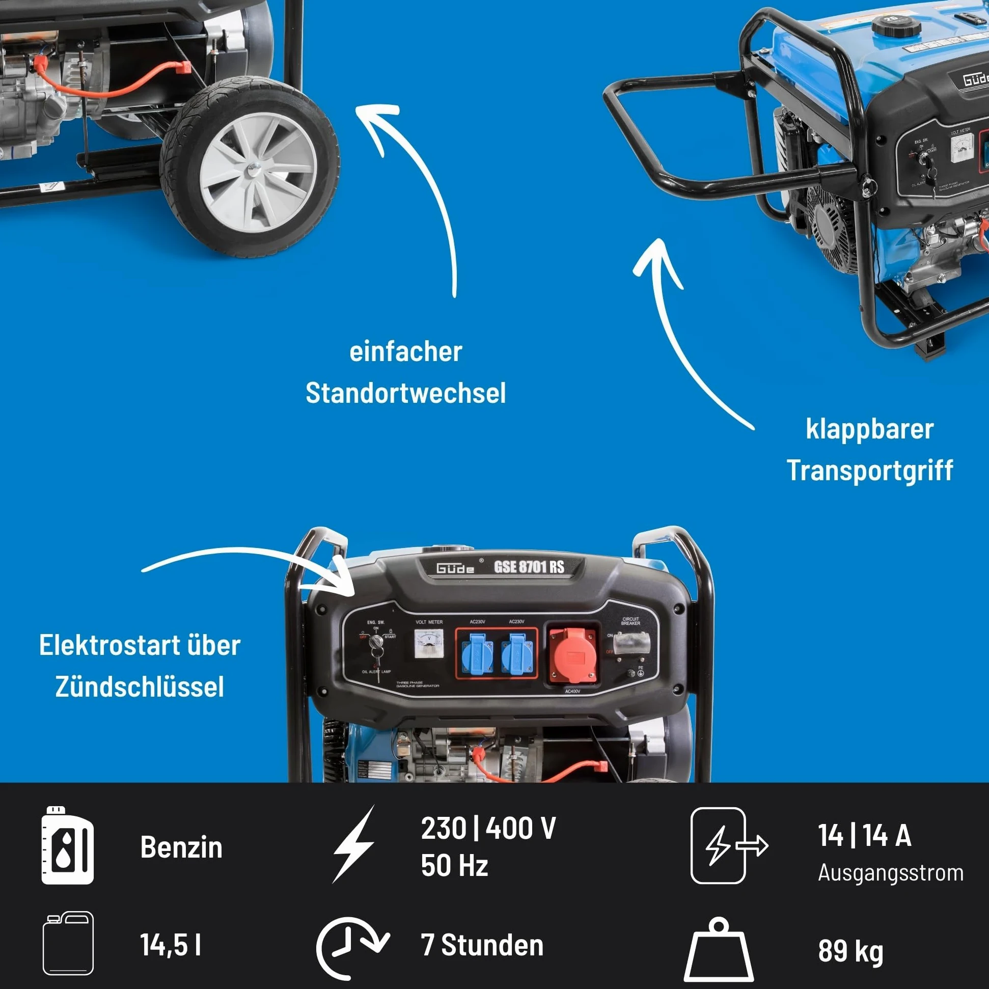 Güde GSE 8701 RS - Generador de corriente a gasolina