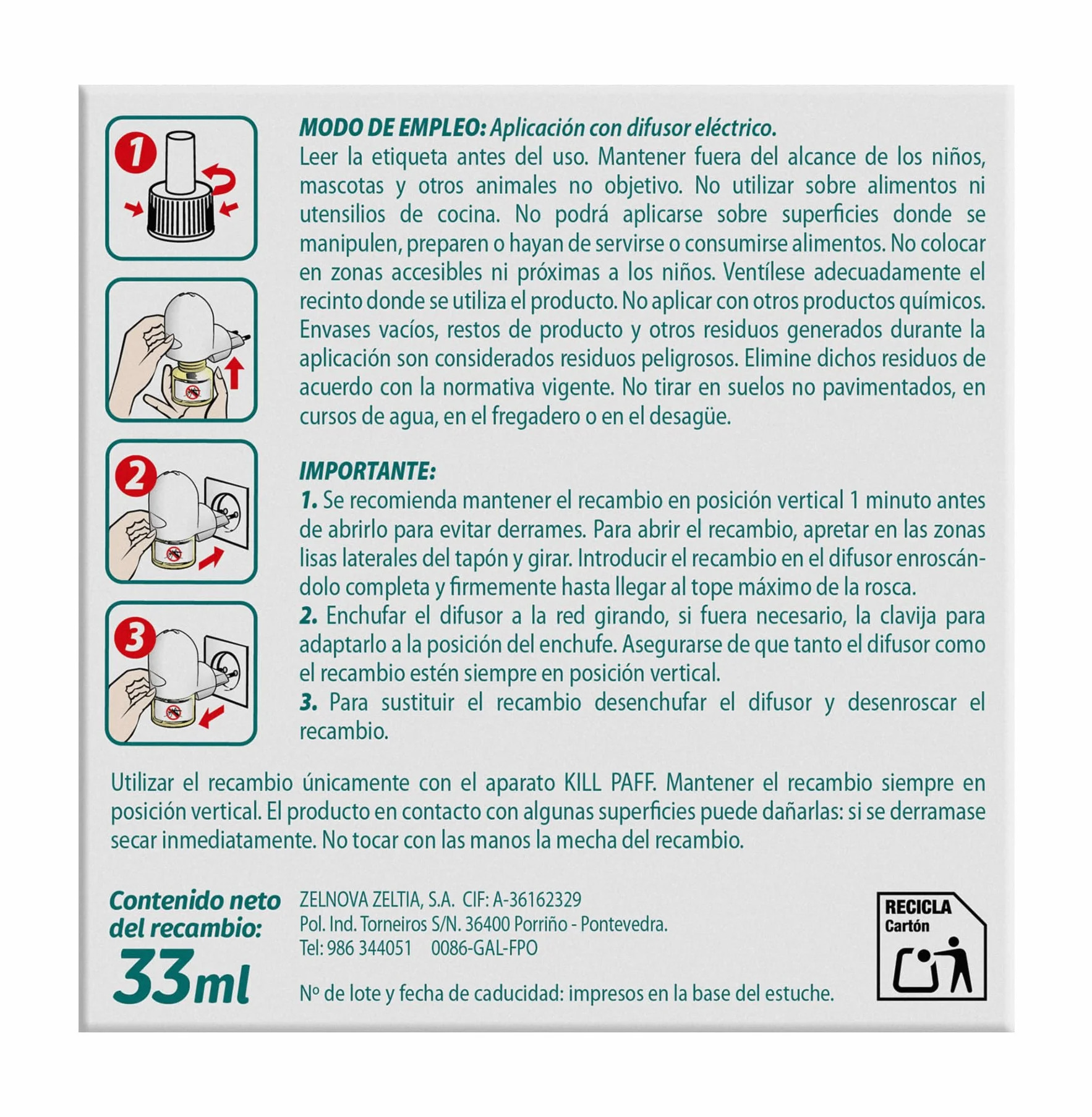 KILL-PAFF | Antimosquitos Eléctrico | Protección Eficaz Contra Mosquitos Tigre y Transmisores de Enfermedades Tropicales | Sin Olor | 90 Noches de Protección | 2 Recambios 33 + 33 ml