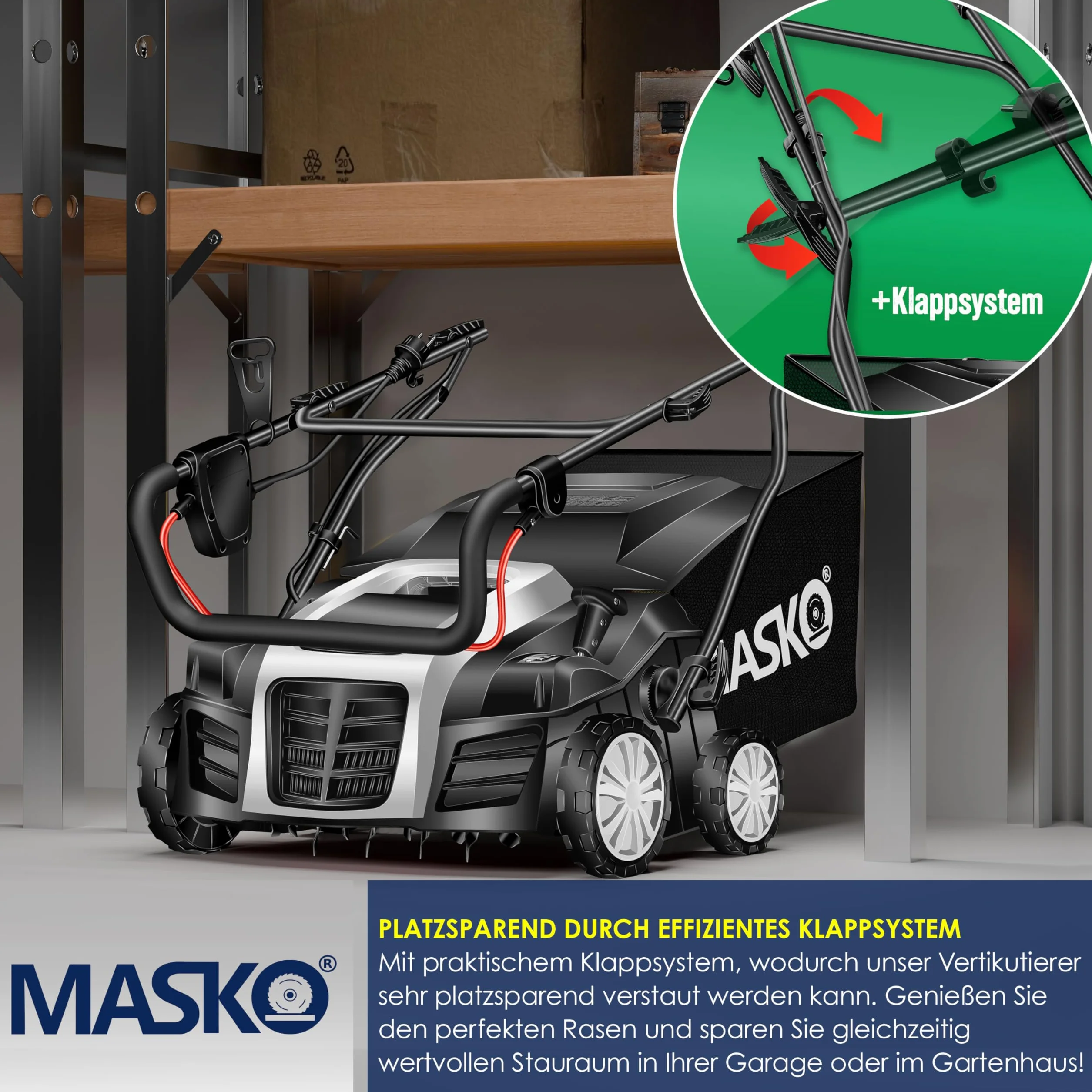 MASKO® Escarificador eléctrico 2 en 1, aireador de césped 1800W, 40 cm de ancho de trabajo, cesta de recogida de 55 l, eliminador de musgo, profundidad de trabajo ajustable en 5 etapas, negro